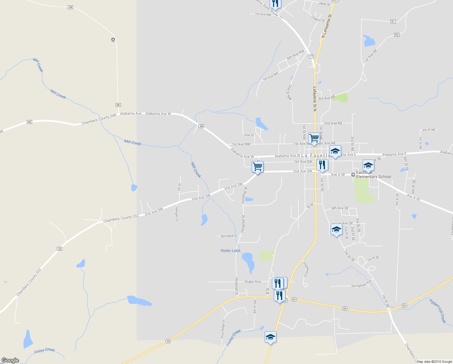 map of restaurants, bars, coffee shops, grocery stores, and more near 14 Flournoy Drive in La Fayette