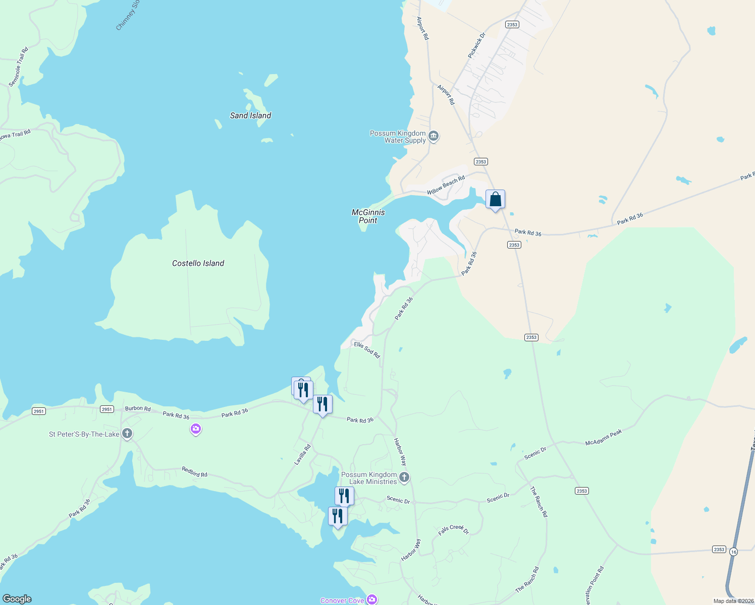 map of restaurants, bars, coffee shops, grocery stores, and more near 1637 Cedar Crest Circle in Graford