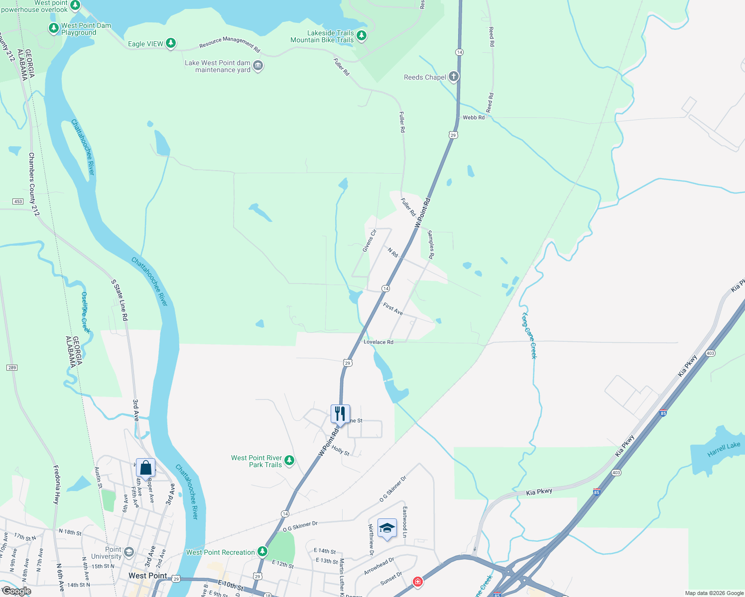 map of restaurants, bars, coffee shops, grocery stores, and more near 7868 W Point Rd in West Point