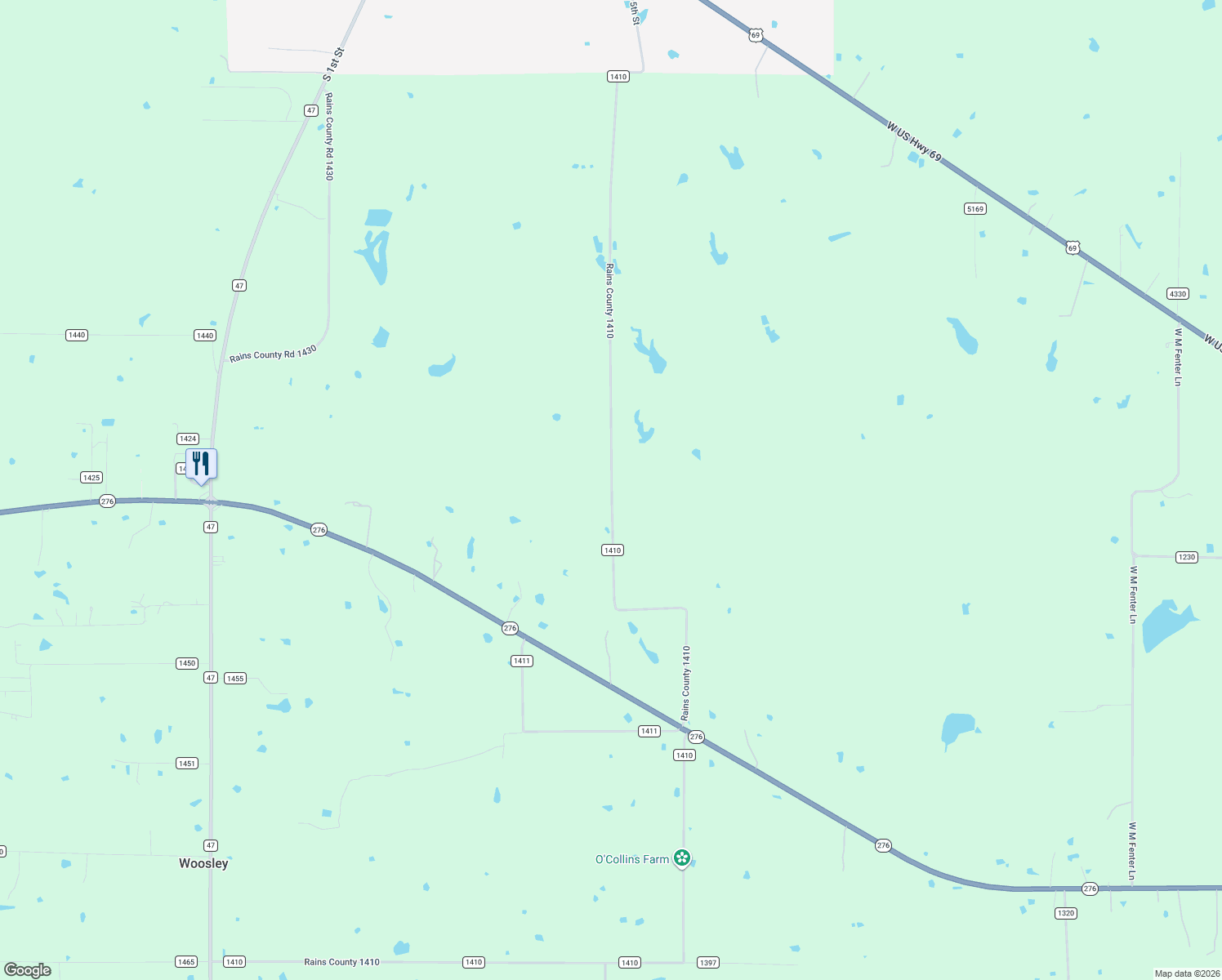 map of restaurants, bars, coffee shops, grocery stores, and more near County Road 1410 in Point