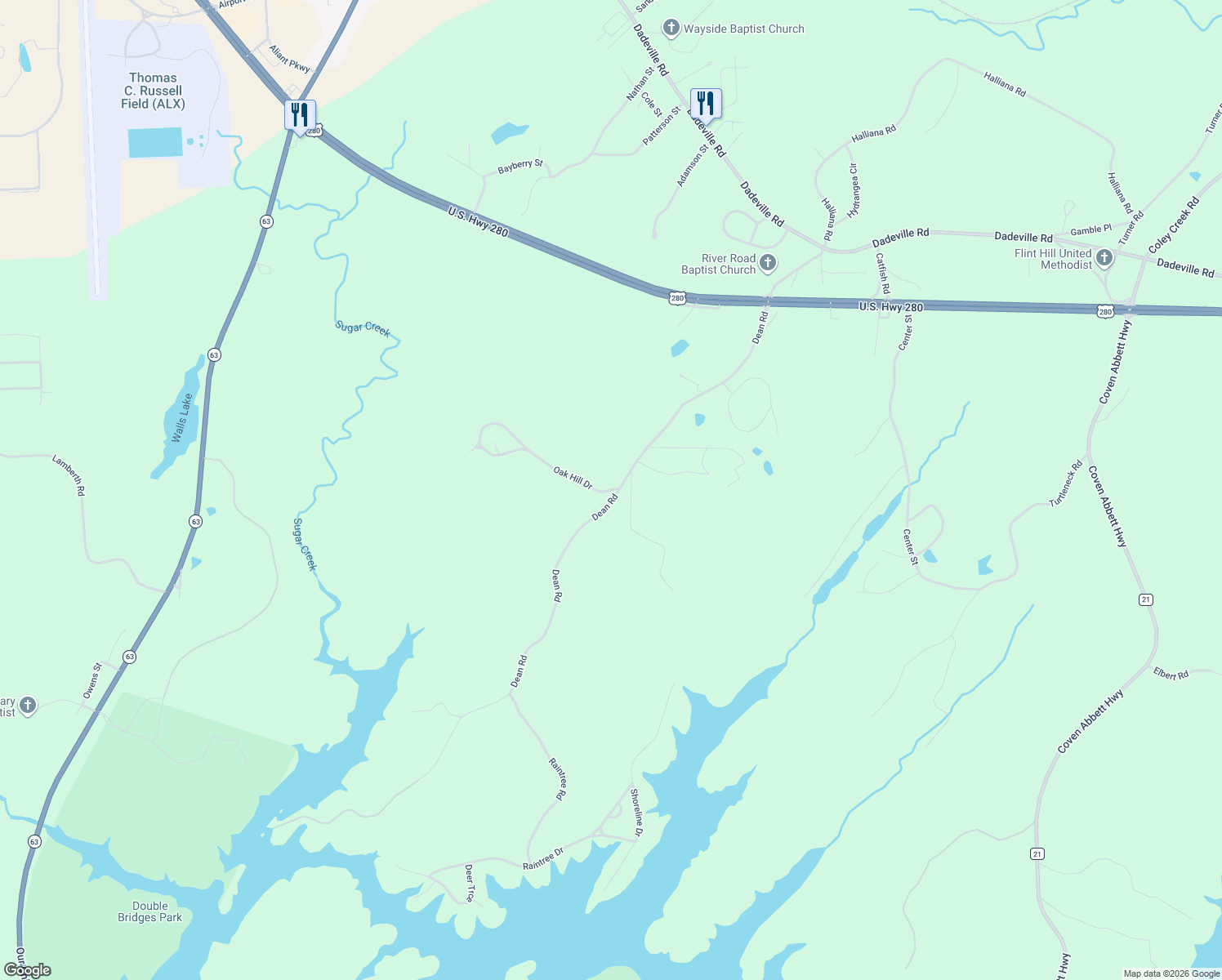 map of restaurants, bars, coffee shops, grocery stores, and more near 400-498 Fieldcrest Drive in Alexander City