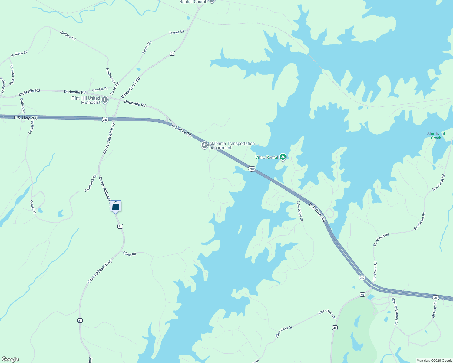 map of restaurants, bars, coffee shops, grocery stores, and more near 189 Williams Road in Alexander City