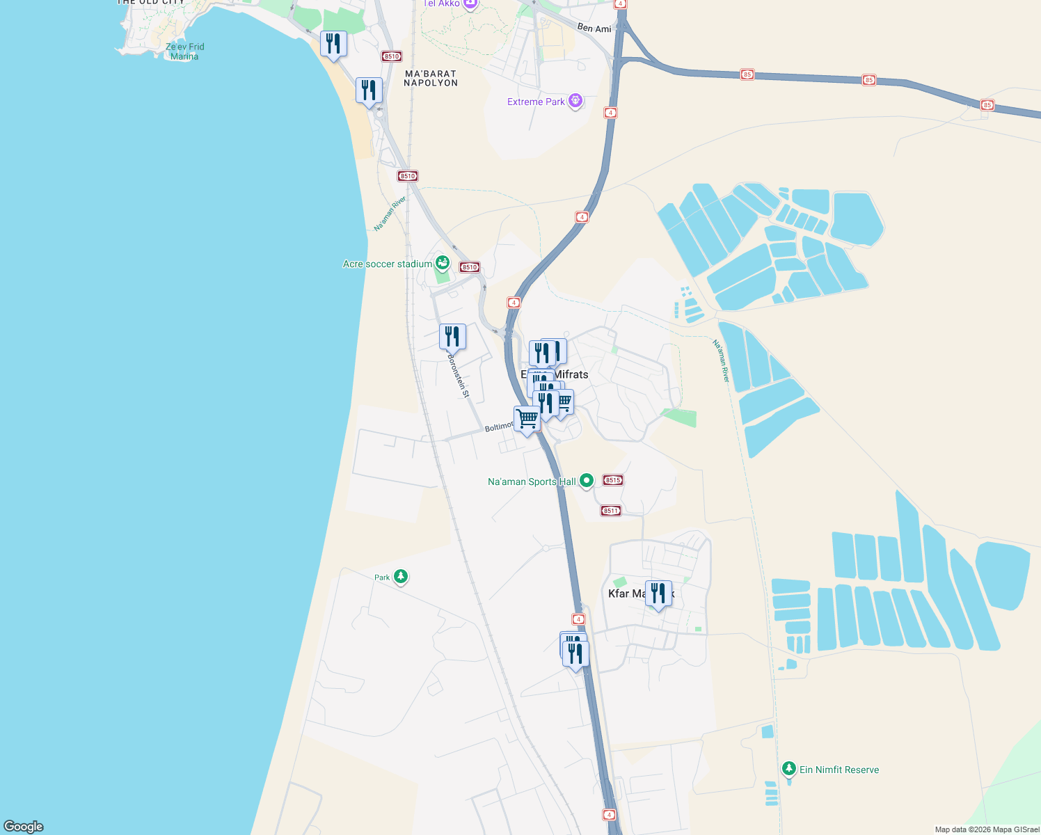 map of restaurants, bars, coffee shops, grocery stores, and more near in Acre