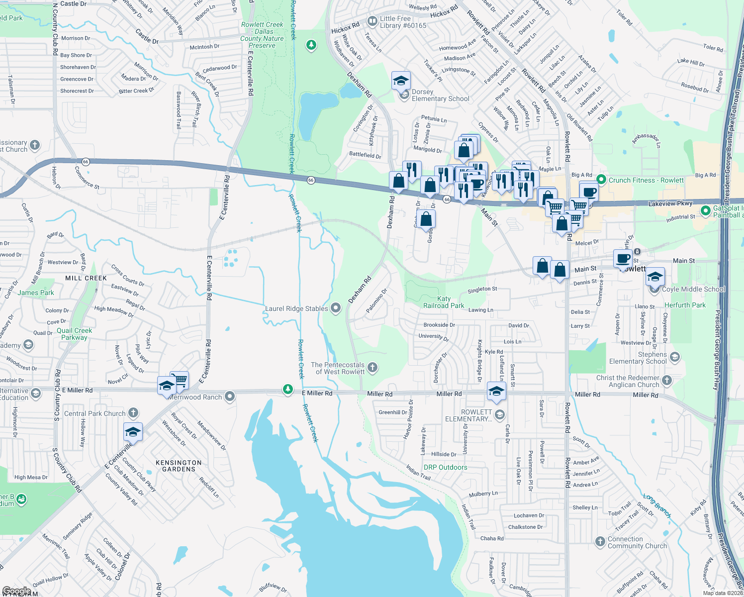 map of restaurants, bars, coffee shops, grocery stores, and more near 1721 Palomino Dr in Rowlett
