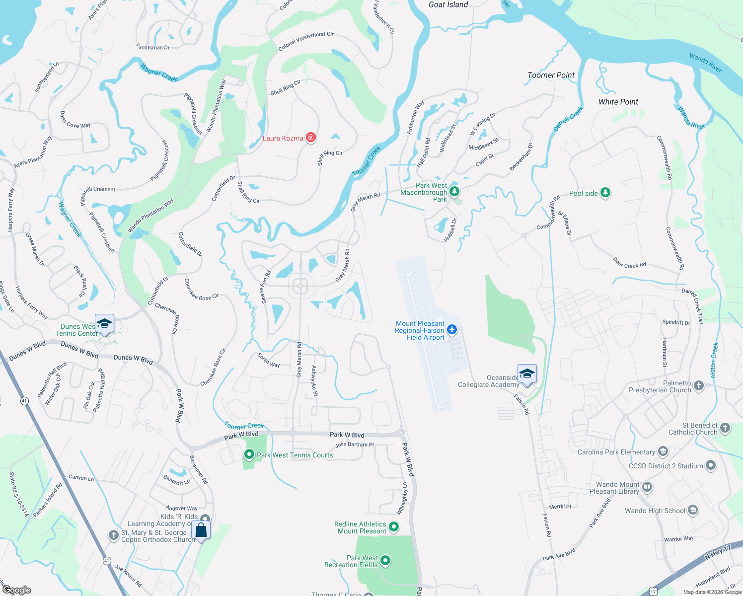 map of restaurants, bars, coffee shops, grocery stores, and more near 3518 Toomer Kiln Circle in Mount Pleasant