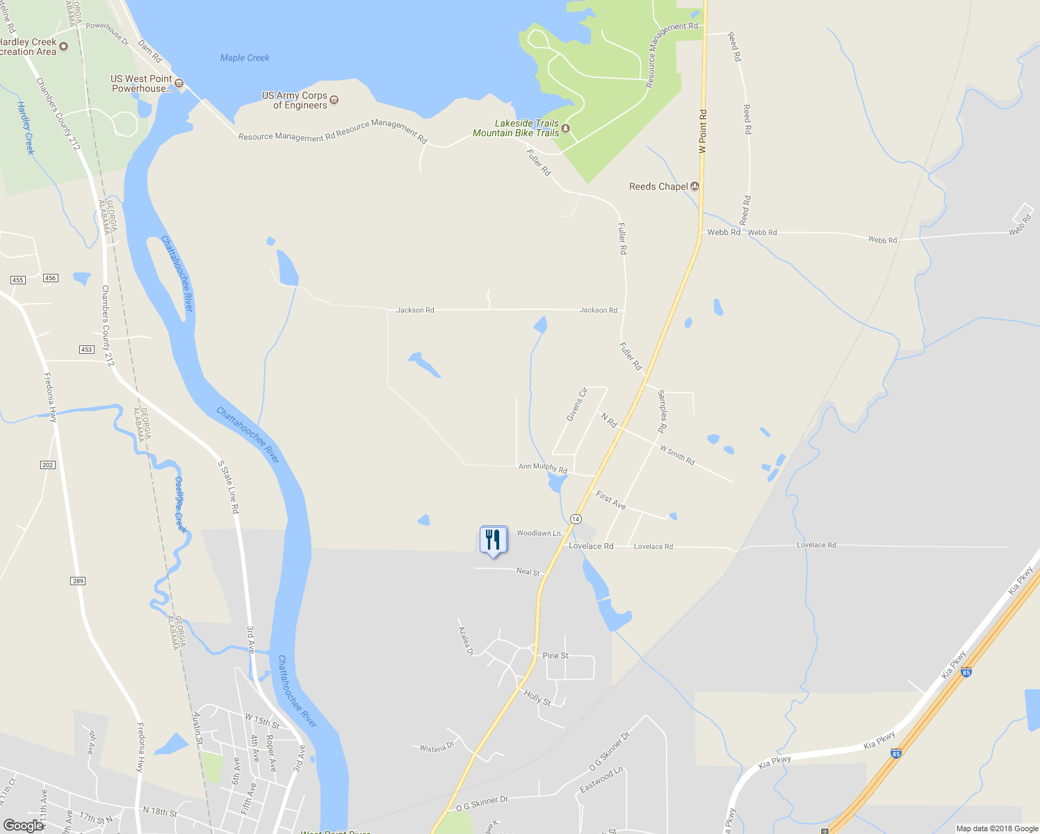 map of restaurants, bars, coffee shops, grocery stores, and more near 230 Ann Murphy Road in West Point