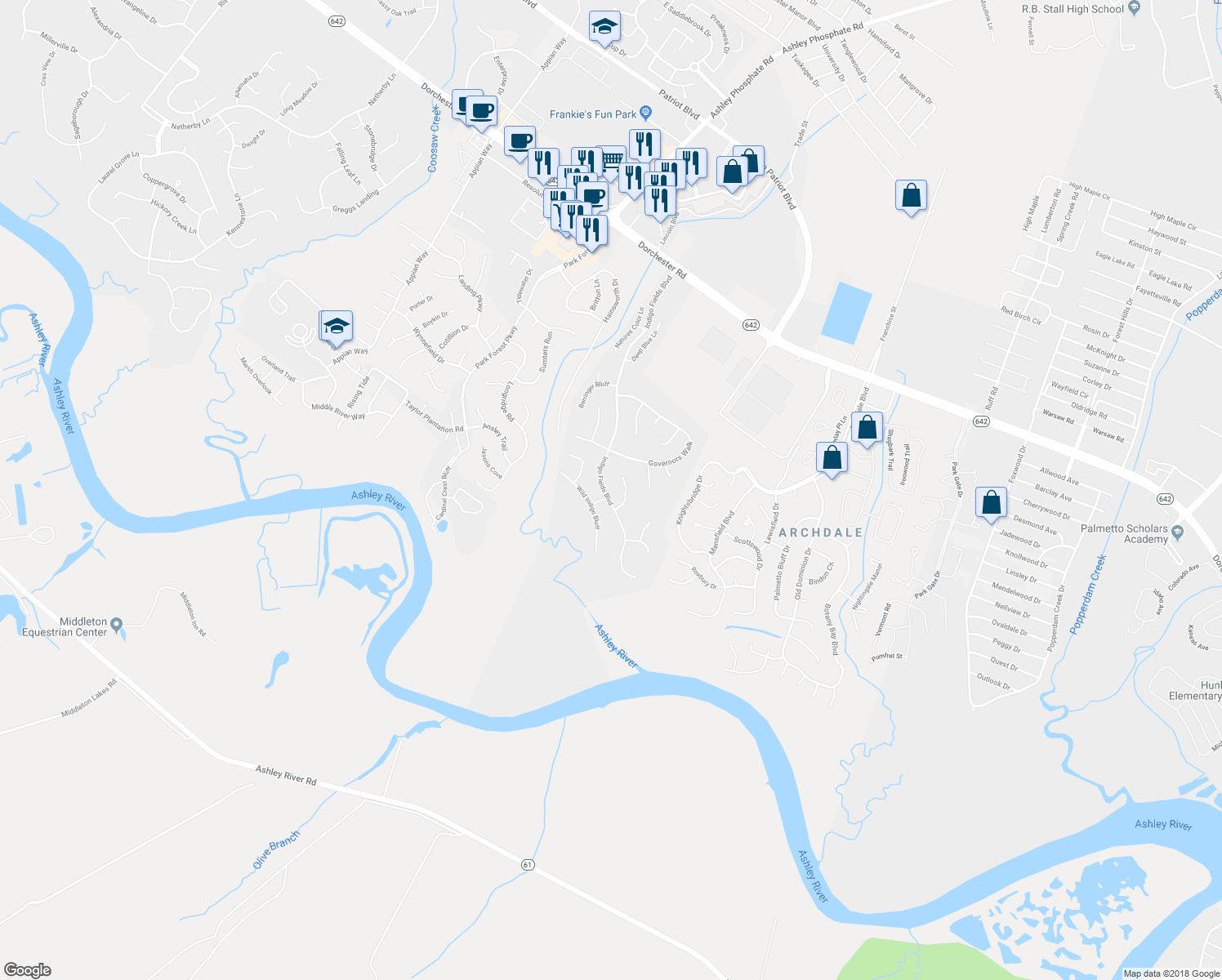 map of restaurants, bars, coffee shops, grocery stores, and more near 5525 Indigo Fields Blvd in Charleston