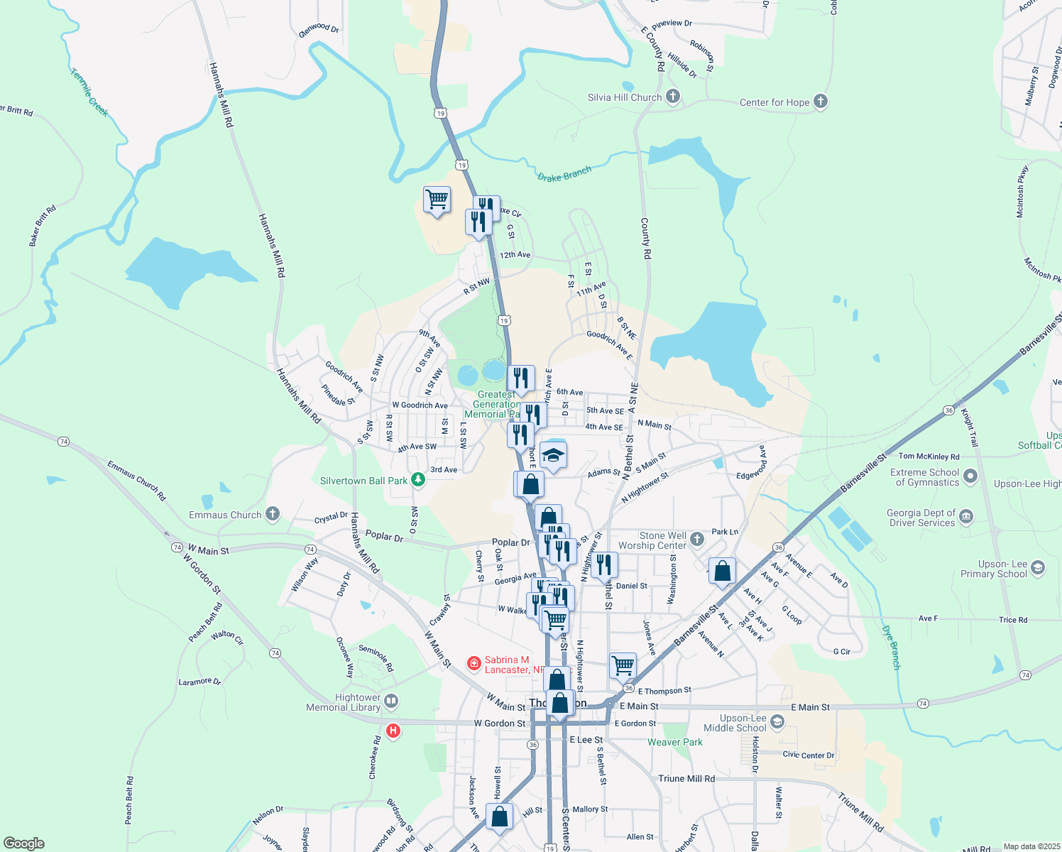 map of restaurants, bars, coffee shops, grocery stores, and more near 699 Short East Street in Thomaston