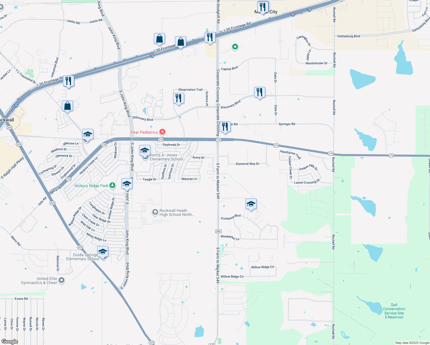 map of restaurants, bars, coffee shops, grocery stores, and more near 2110 New Holland Drive in Rockwall