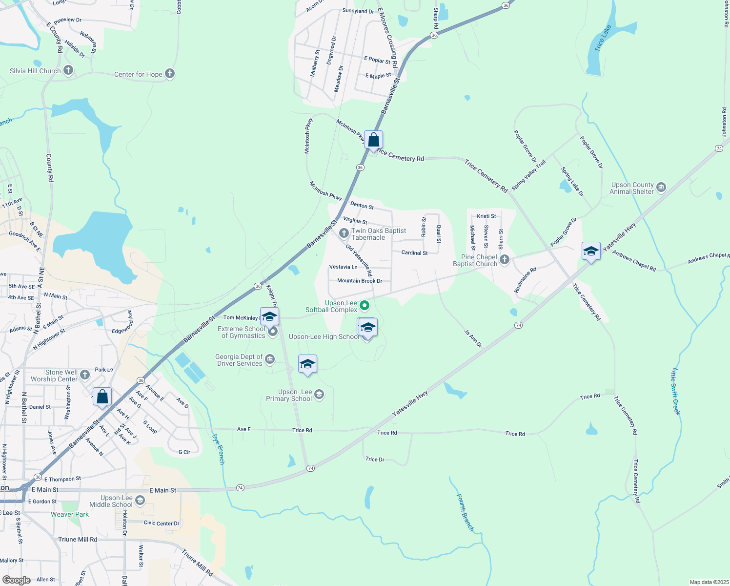 map of restaurants, bars, coffee shops, grocery stores, and more near 1205 Shady Ln in Thomaston