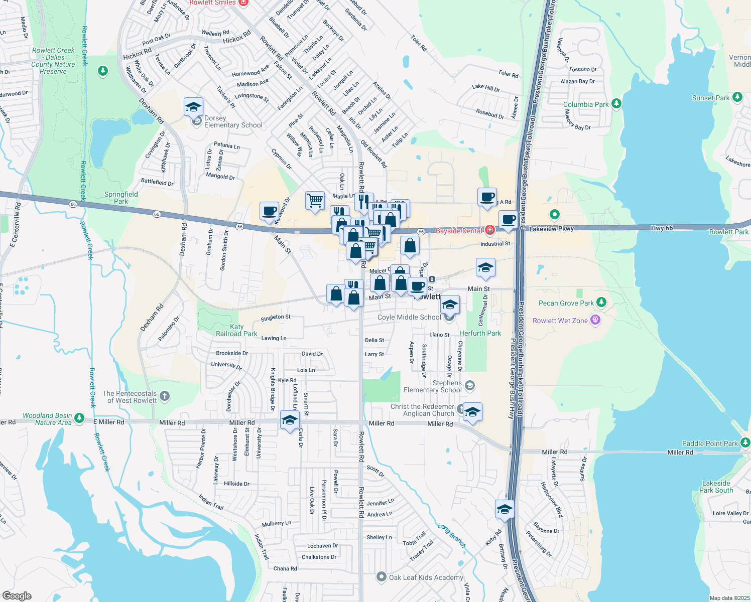 map of restaurants, bars, coffee shops, grocery stores, and more near 3522 Main St in Rowlett