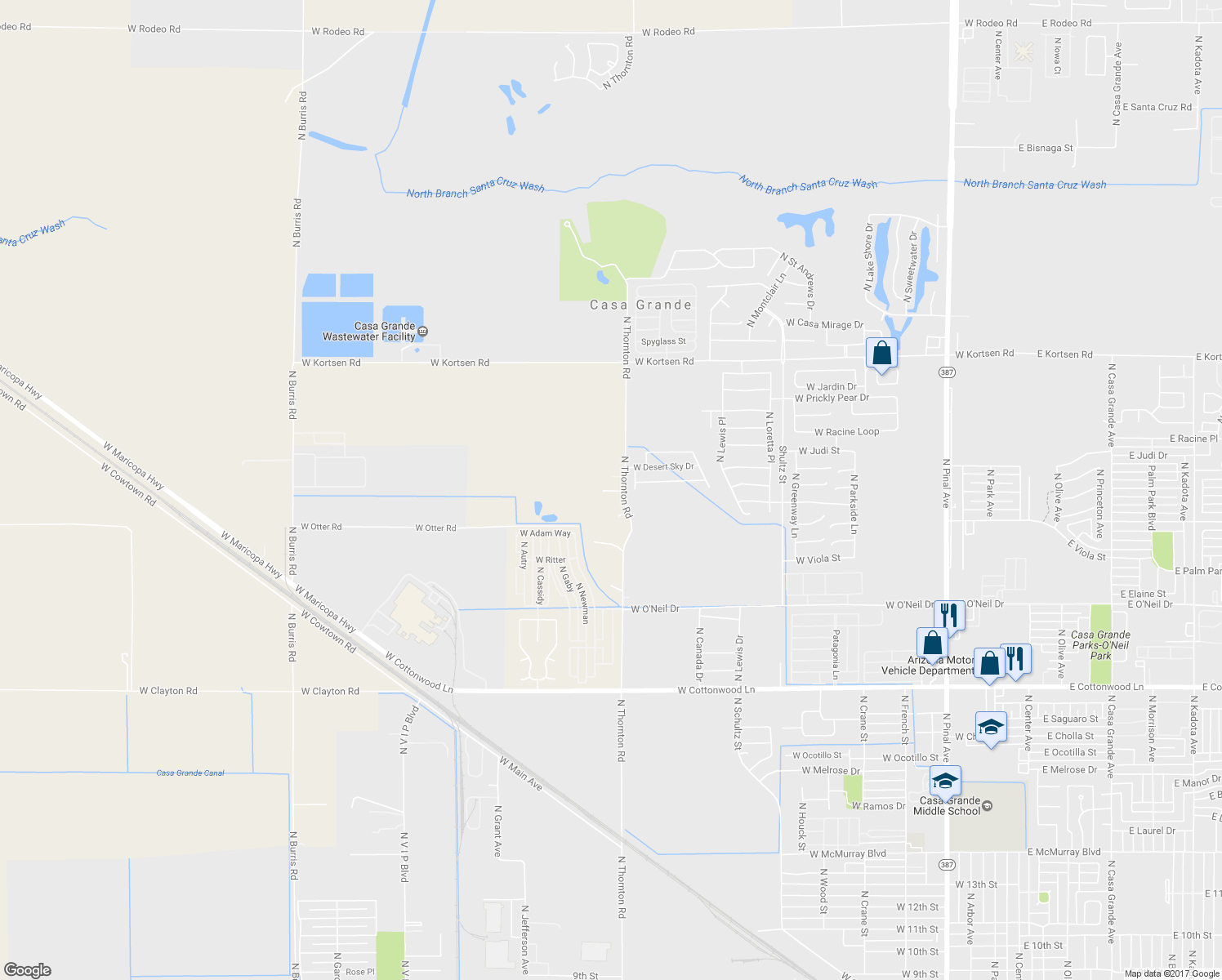map of restaurants, bars, coffee shops, grocery stores, and more near 1845 North Thornton Road in Casa Grande