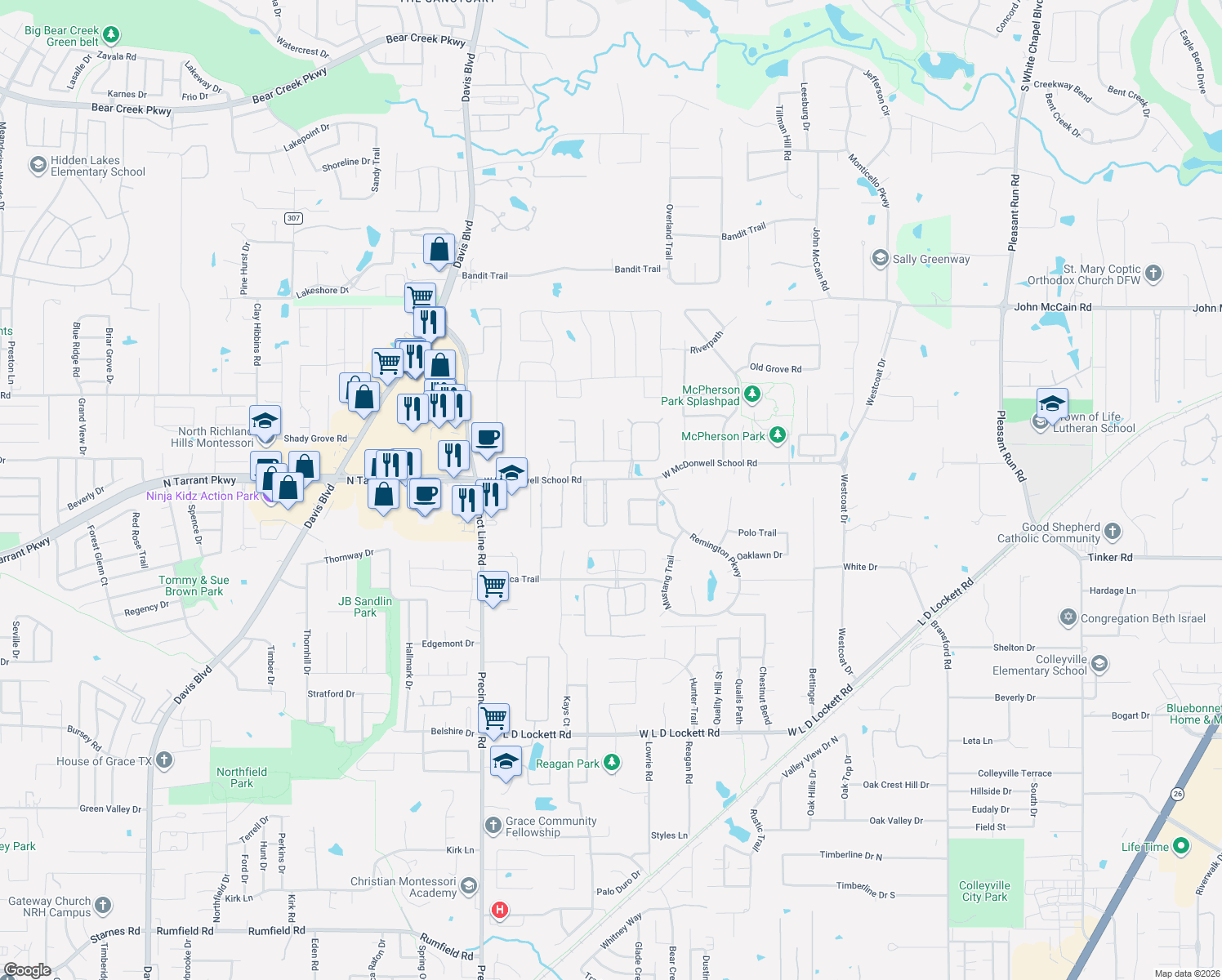 map of restaurants, bars, coffee shops, grocery stores, and more near 6517 Lorraine Park in Colleyville