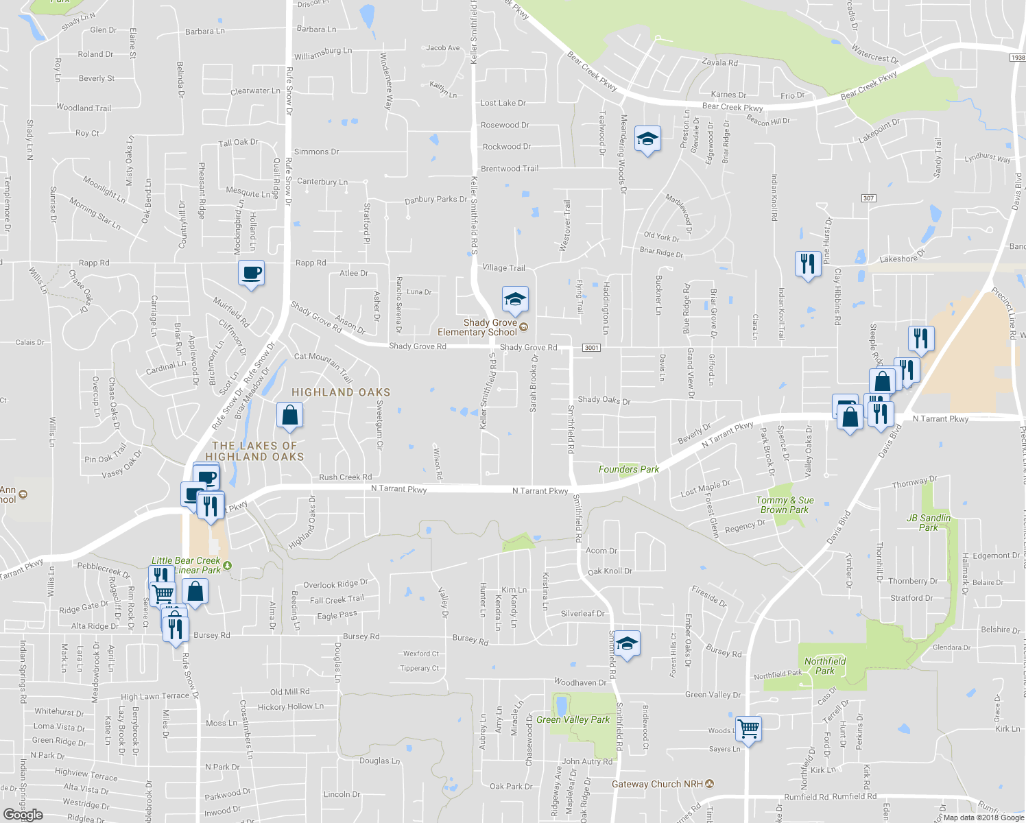 map of restaurants, bars, coffee shops, grocery stores, and more near 1520 Silverleaf Drive in Keller