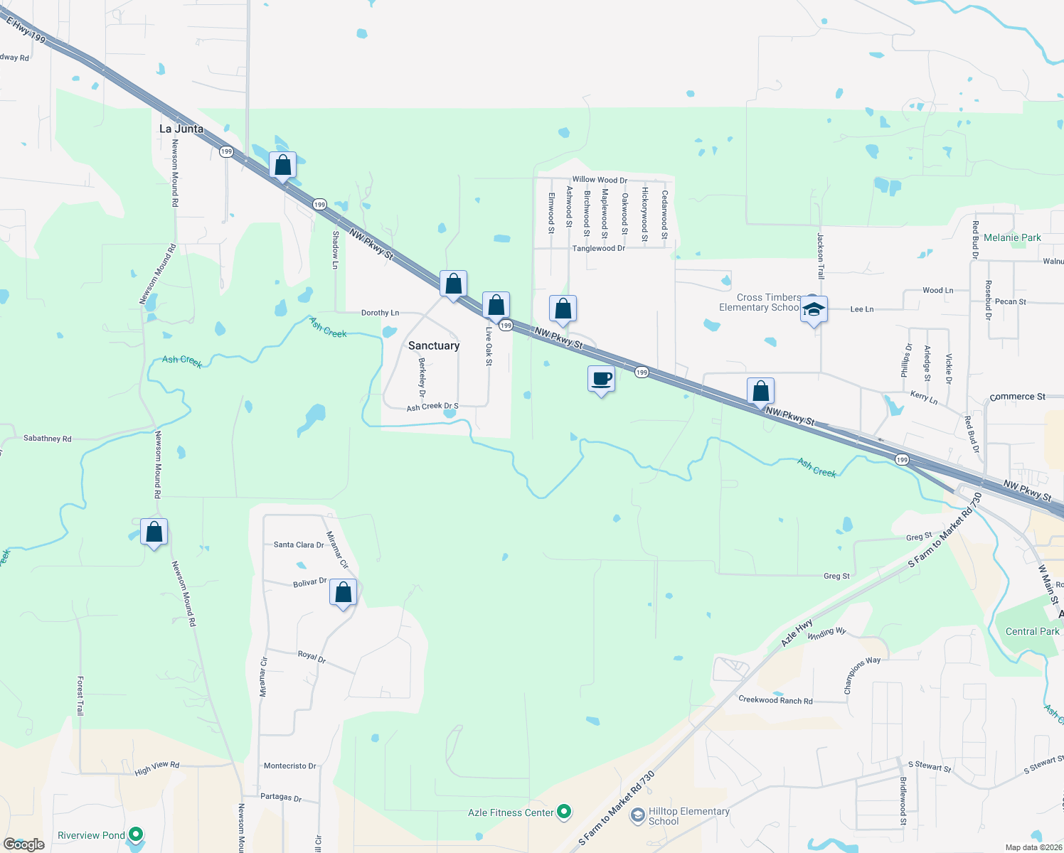 map of restaurants, bars, coffee shops, grocery stores, and more near 399 S Pearson Ln in Azle