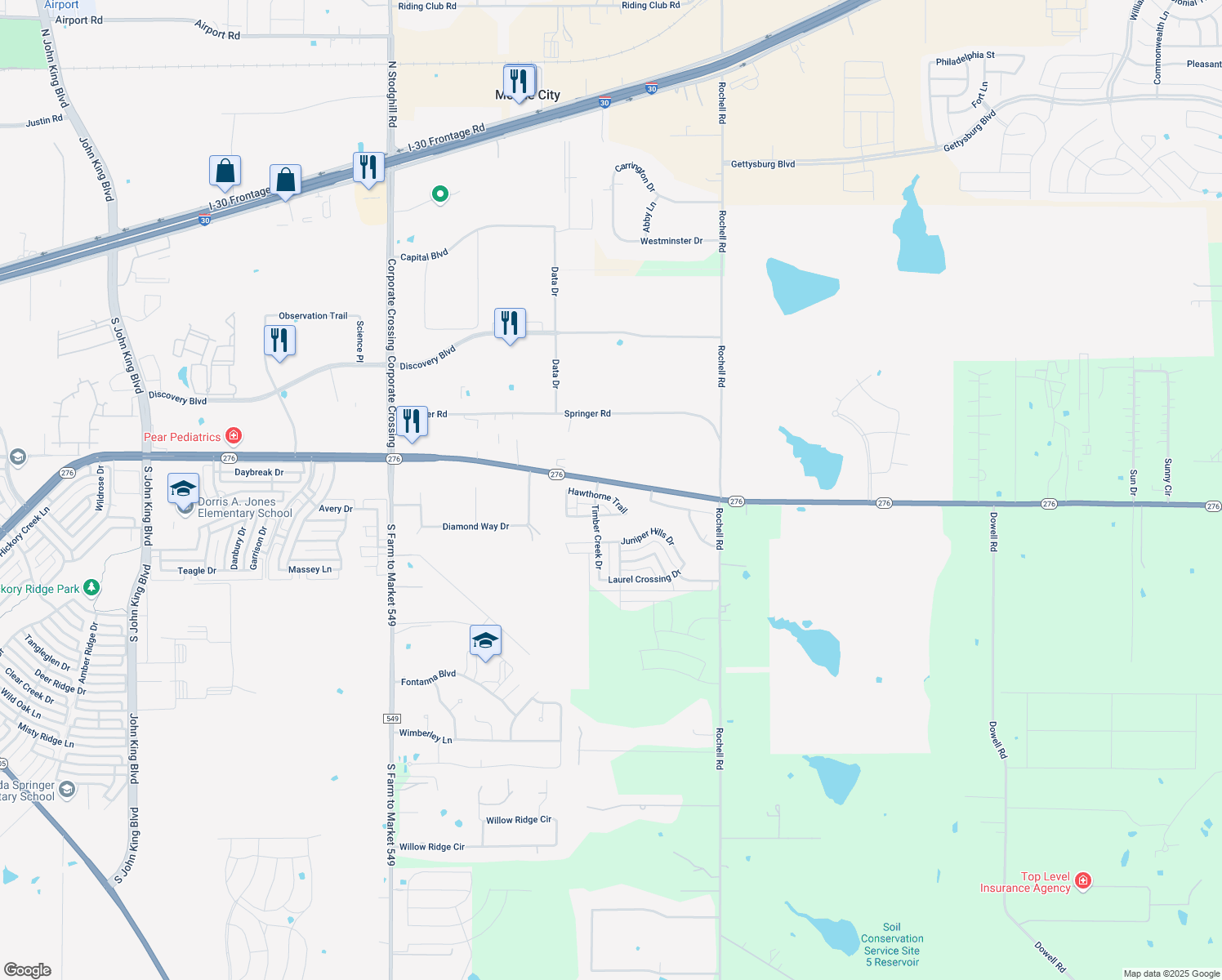 map of restaurants, bars, coffee shops, grocery stores, and more near 3652 Hawthorne Trail in Rockwall