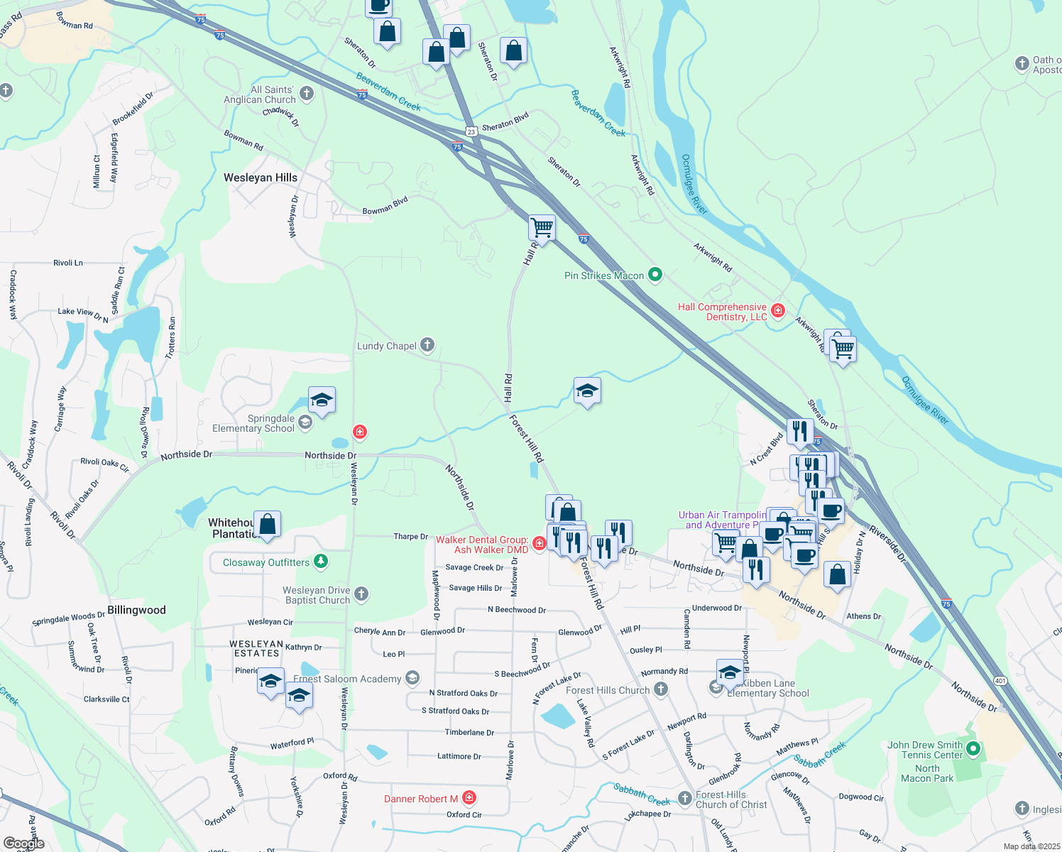 map of restaurants, bars, coffee shops, grocery stores, and more near 1837 Forest Hill Road in Macon