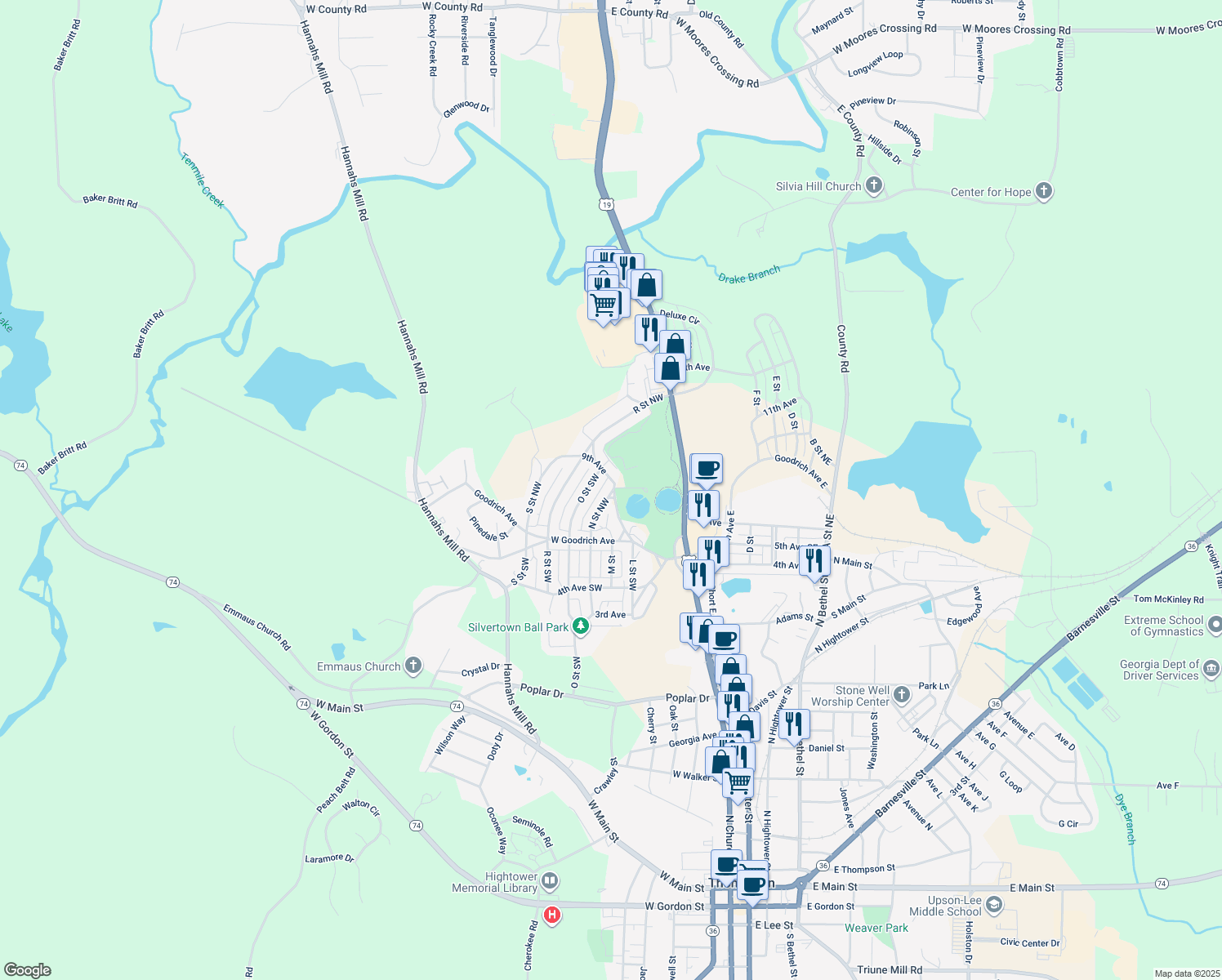 map of restaurants, bars, coffee shops, grocery stores, and more near 148 N Street Northwest in Thomaston