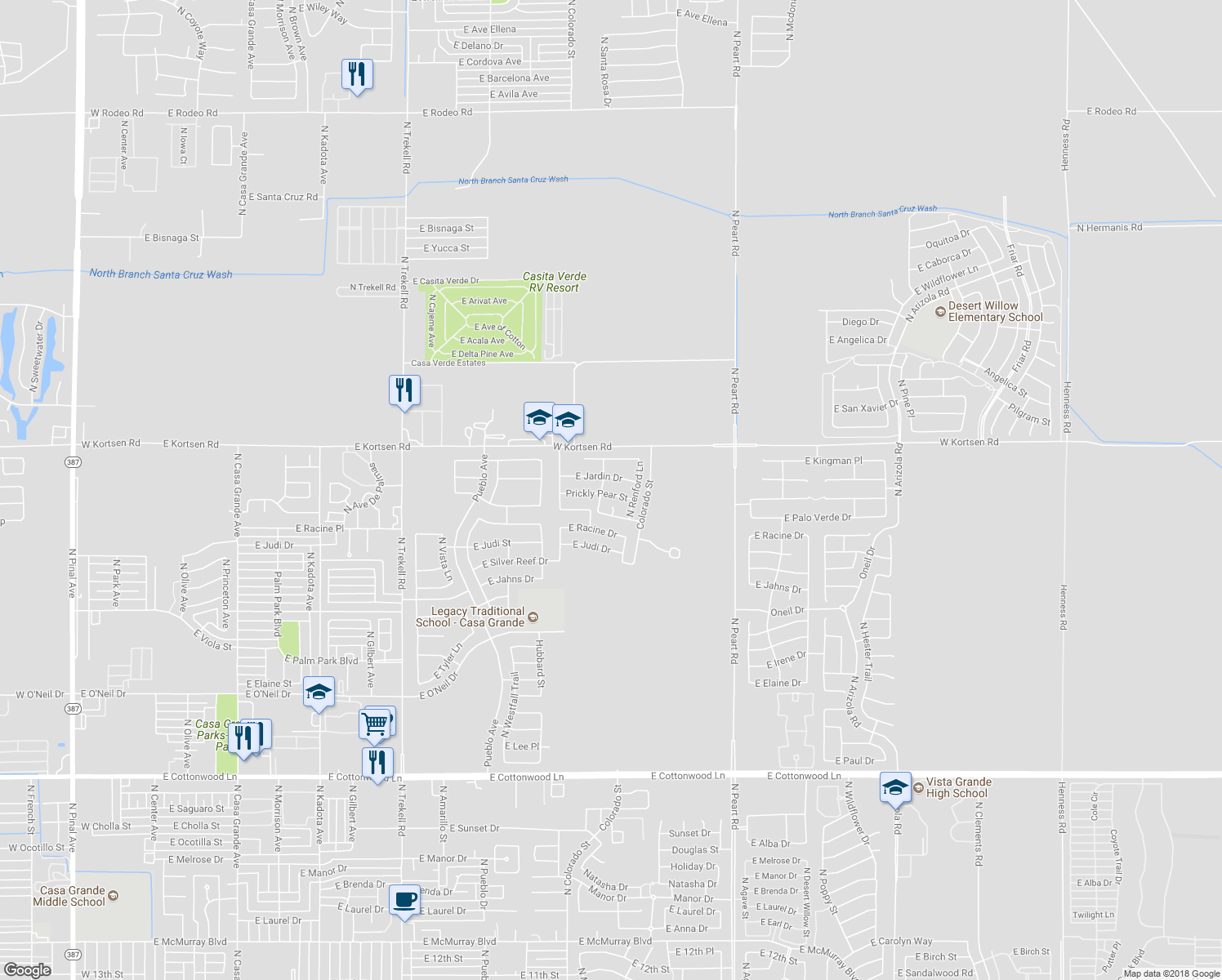 map of restaurants, bars, coffee shops, grocery stores, and more near 1358 Prickly Pear Street in Casa Grande