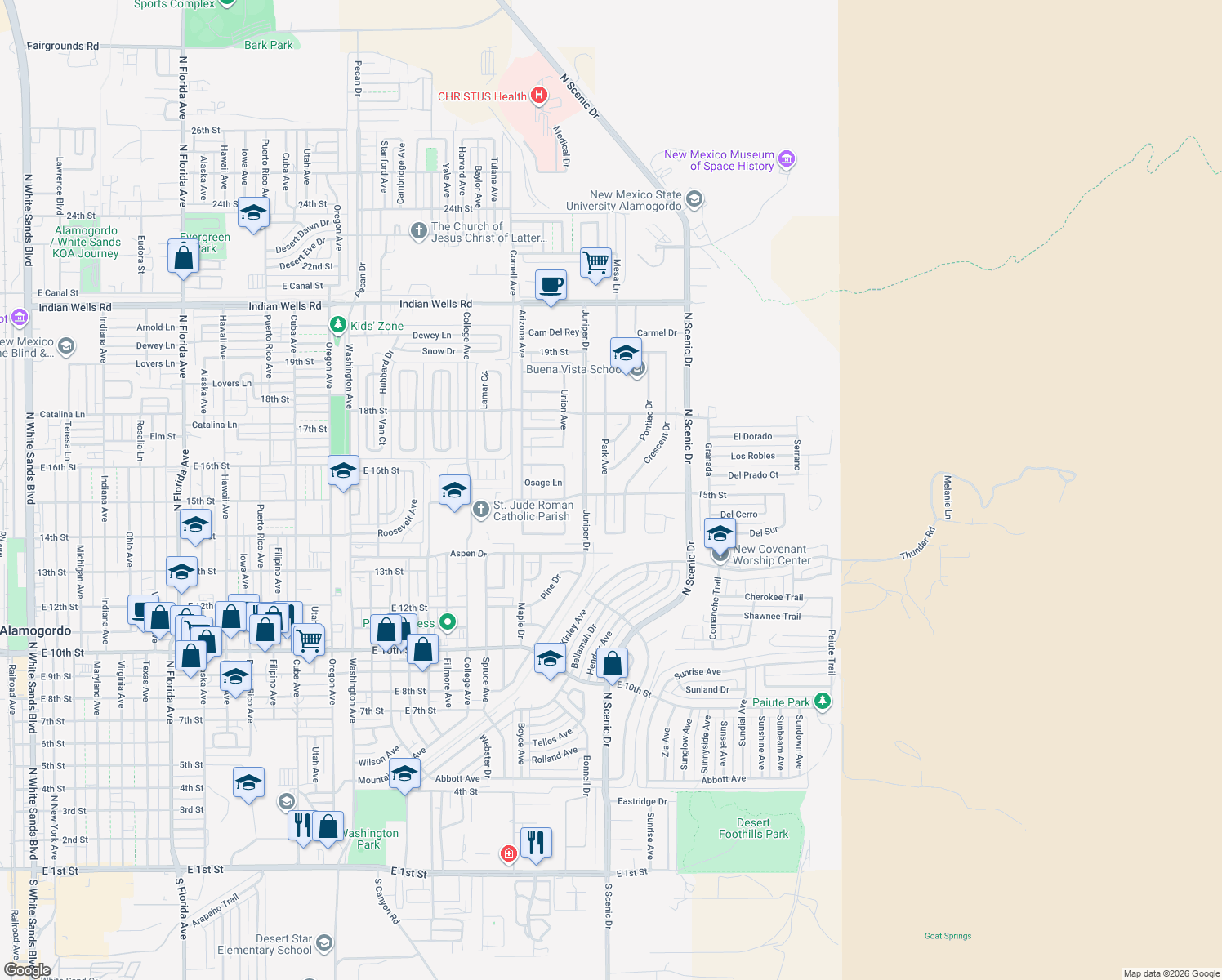 map of restaurants, bars, coffee shops, grocery stores, and more near 1500 Park Ave in Alamogordo
