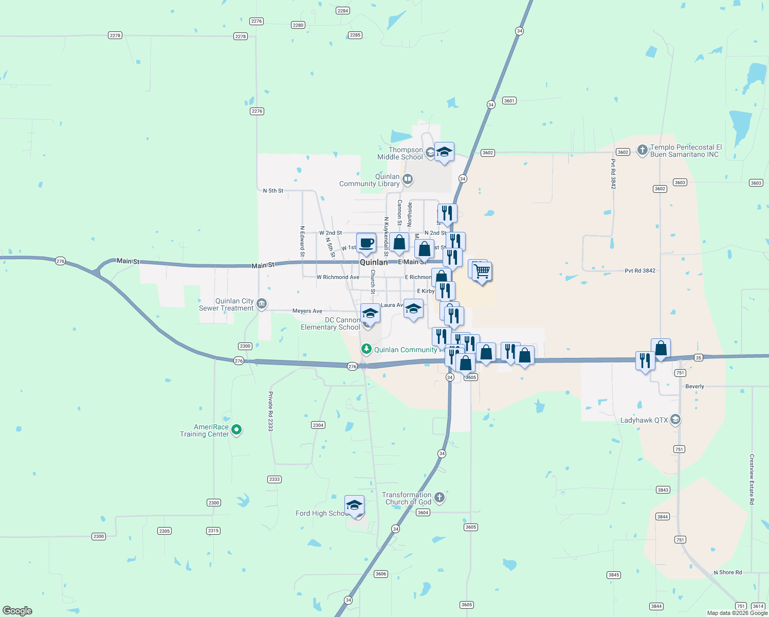 map of restaurants, bars, coffee shops, grocery stores, and more near 109 E Laura Ave in Quinlan