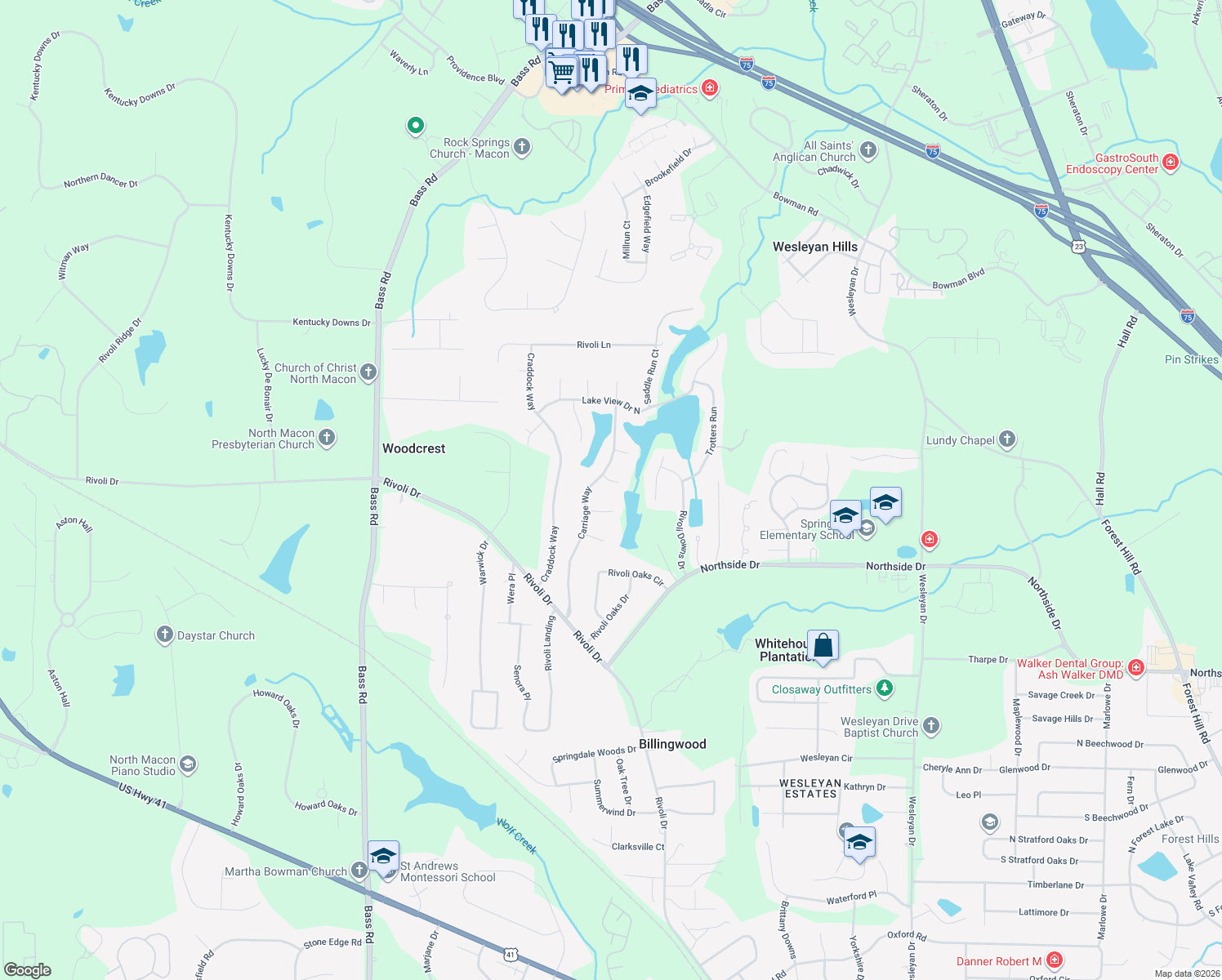map of restaurants, bars, coffee shops, grocery stores, and more near 404 Old Mill Court in Macon