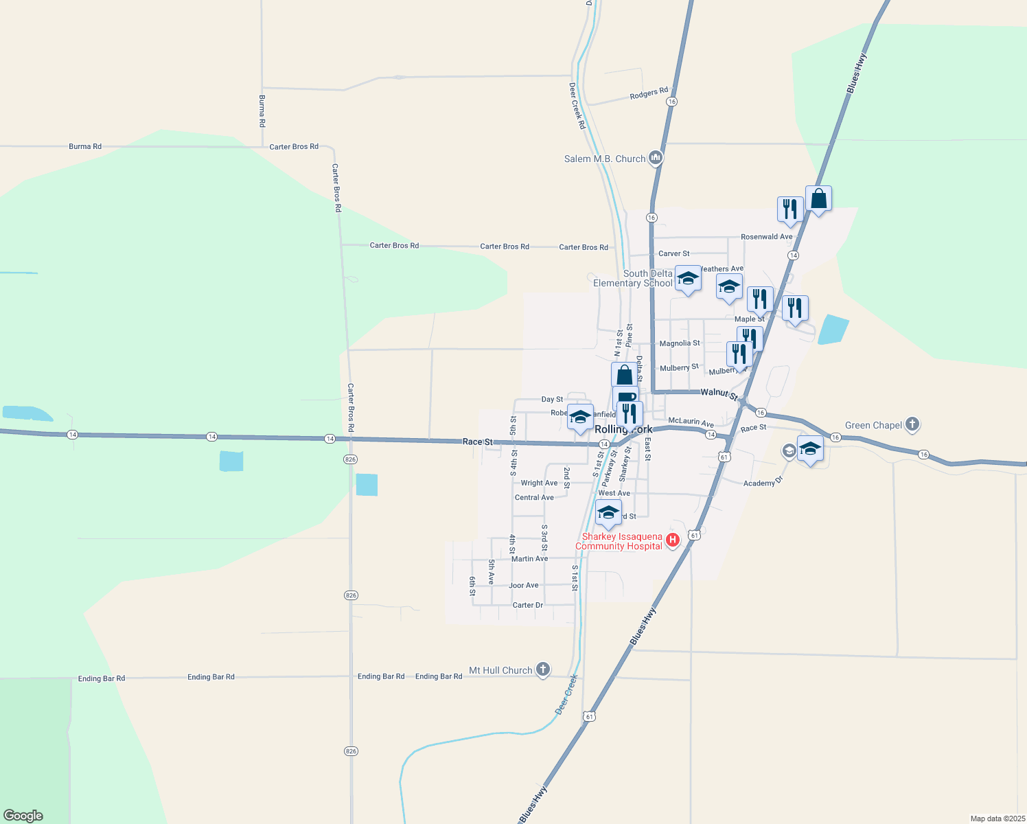 map of restaurants, bars, coffee shops, grocery stores, and more near 5th Street in Rolling Fork