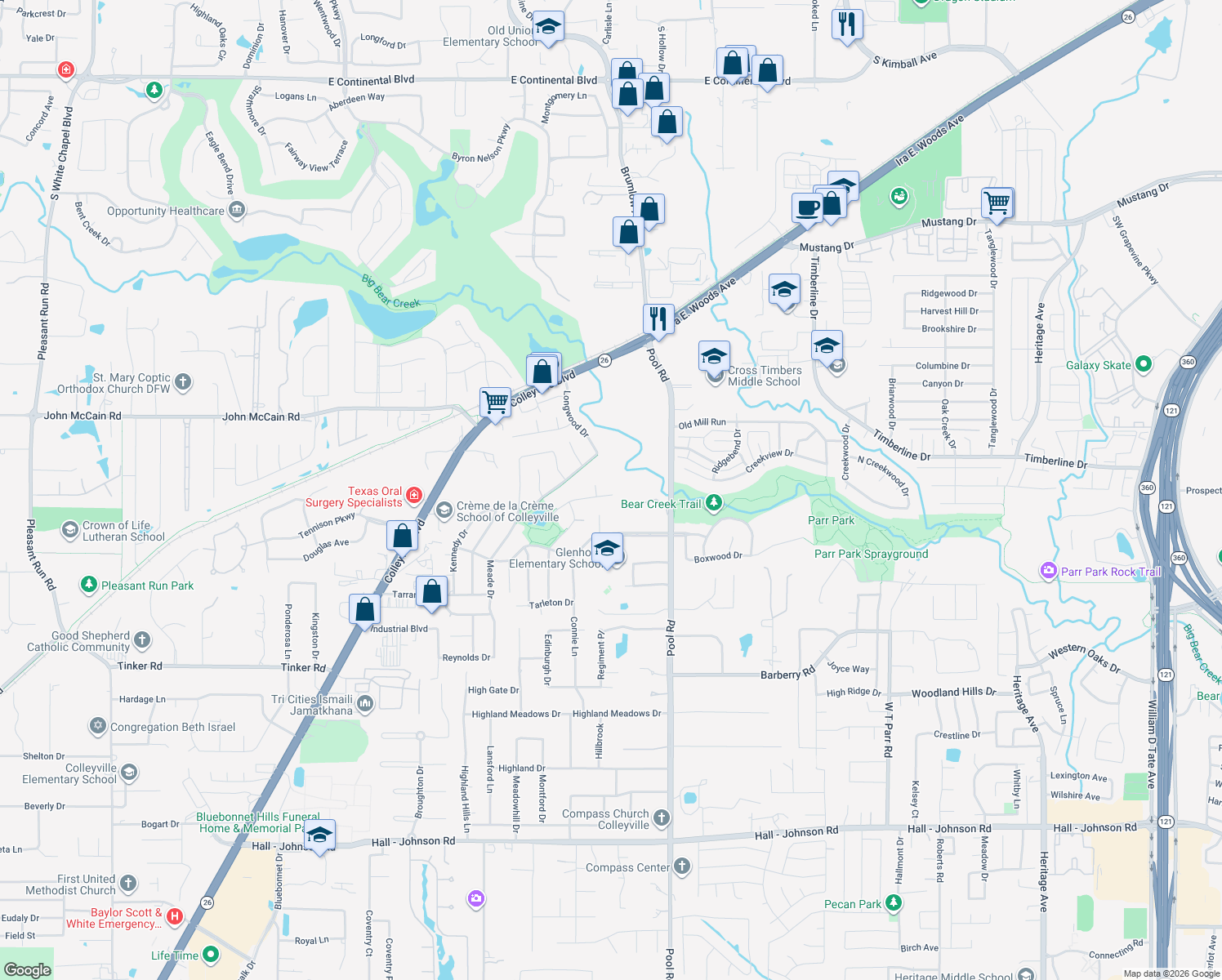map of restaurants, bars, coffee shops, grocery stores, and more near 2414 Wilkes Drive in Colleyville