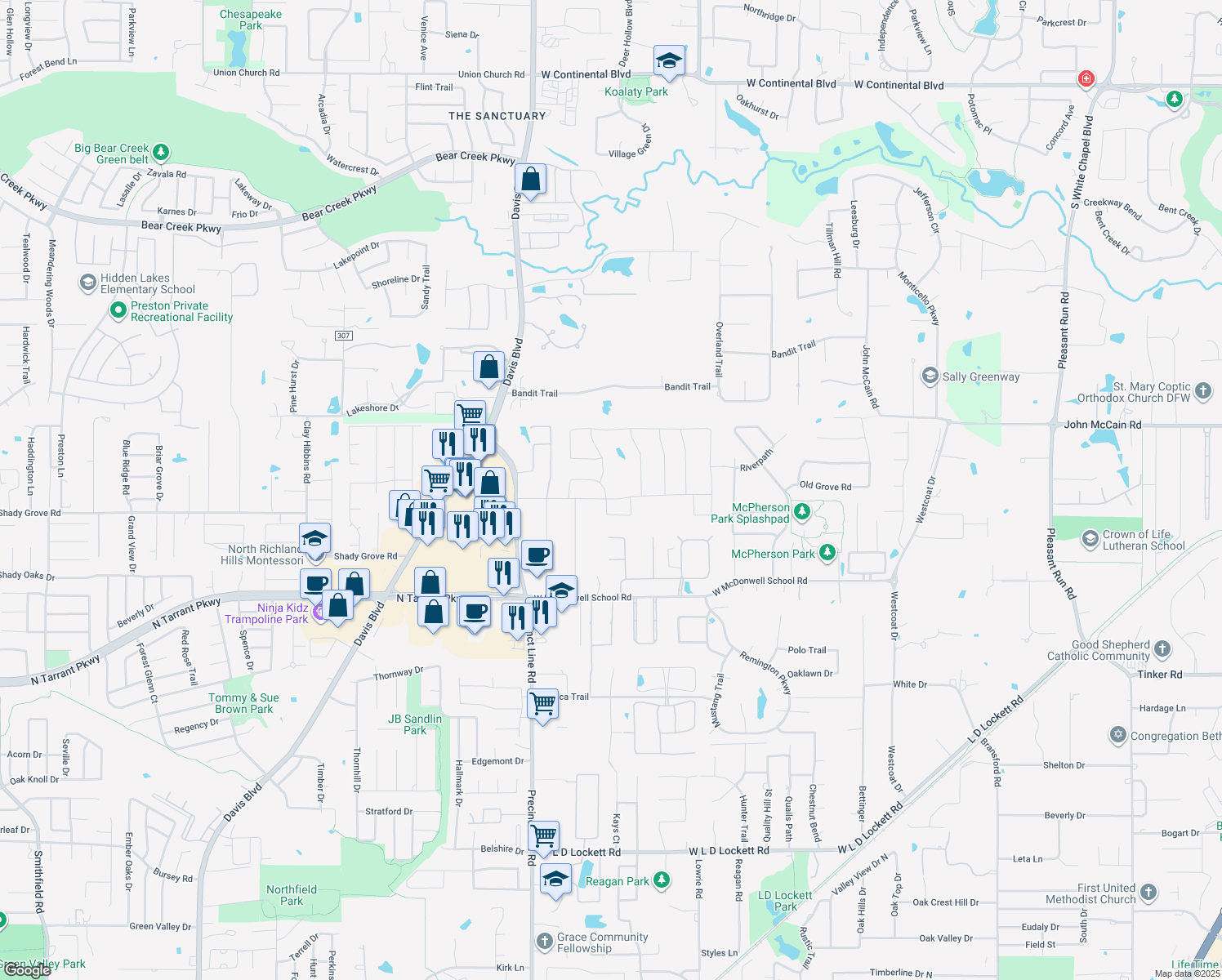 map of restaurants, bars, coffee shops, grocery stores, and more near 6905 Brahms in Colleyville
