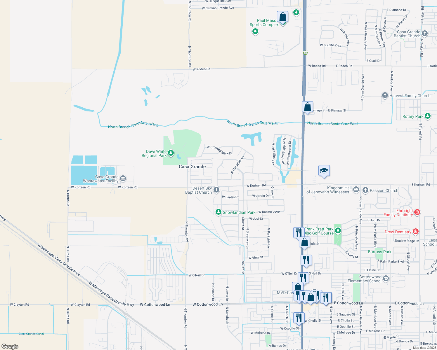 map of restaurants, bars, coffee shops, grocery stores, and more near 827 West Fairlane Court in Casa Grande