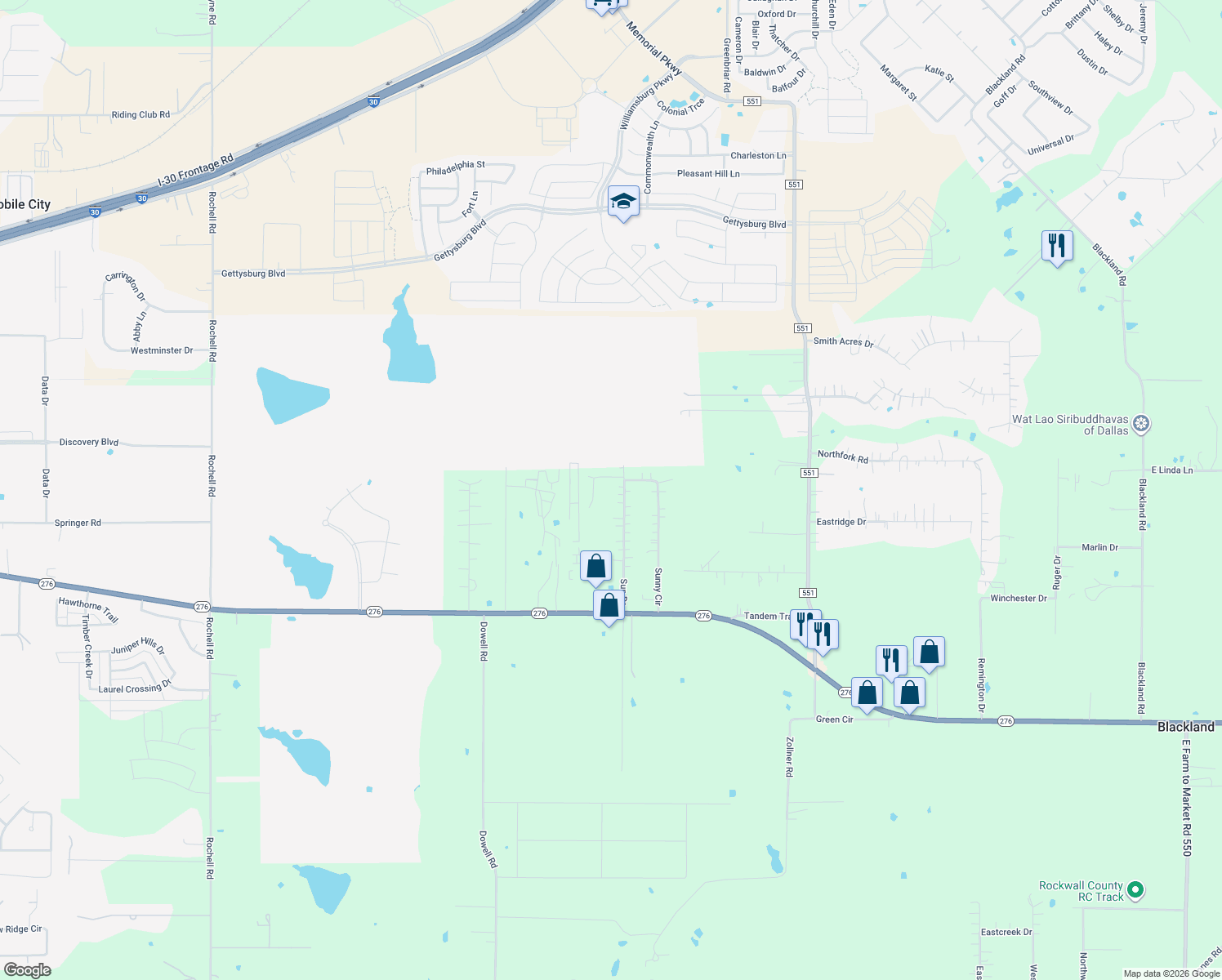 map of restaurants, bars, coffee shops, grocery stores, and more near 2008 Sun Drive in Rockwall