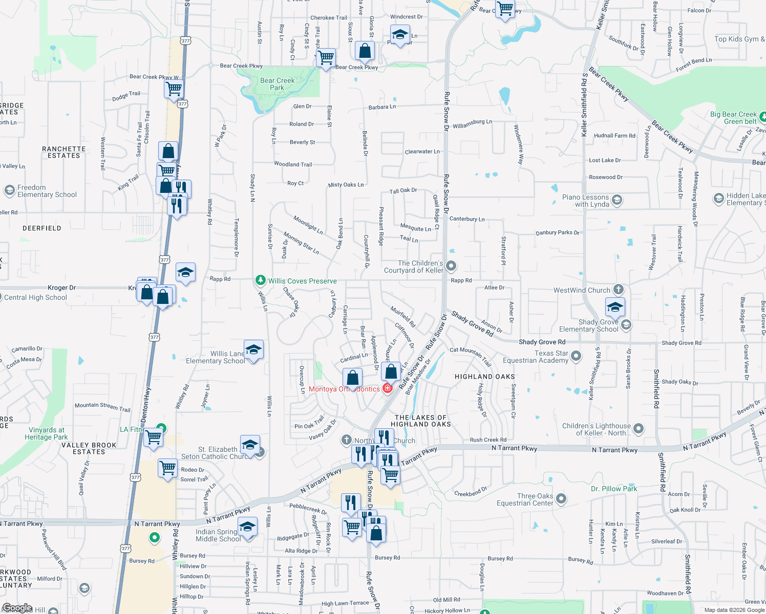 map of restaurants, bars, coffee shops, grocery stores, and more near 700 Muirfield Rd in Keller