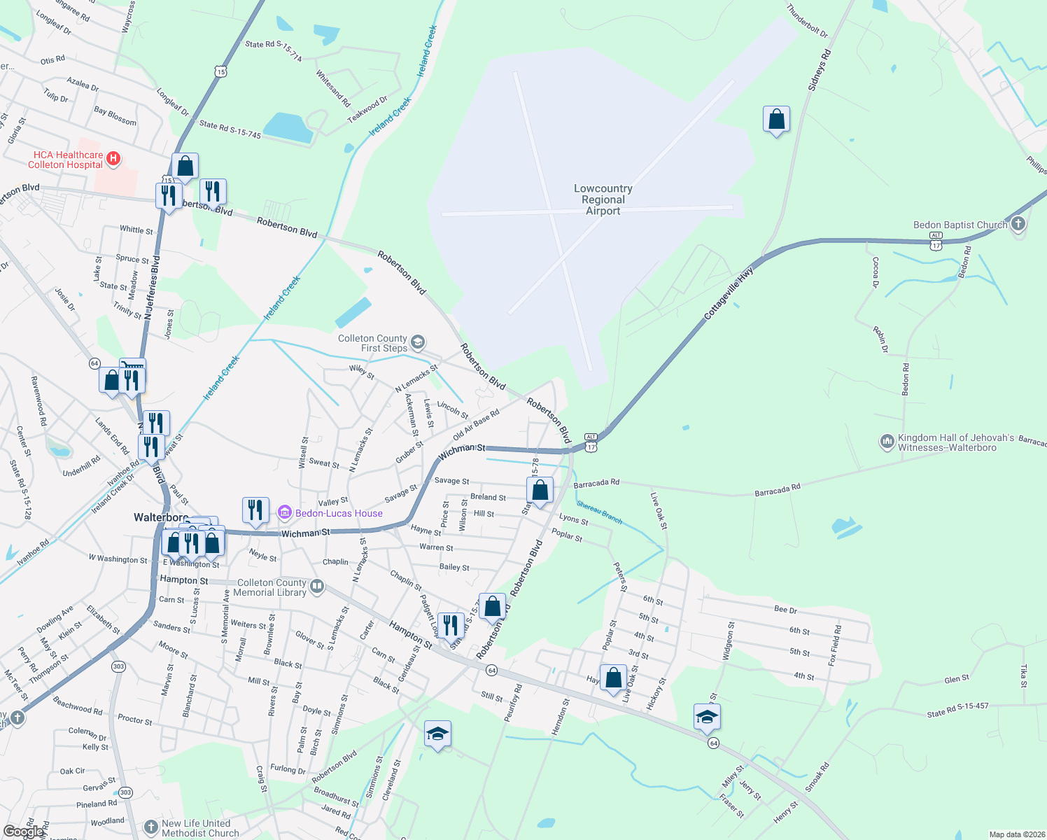map of restaurants, bars, coffee shops, grocery stores, and more near 305 Alexander in Walterboro