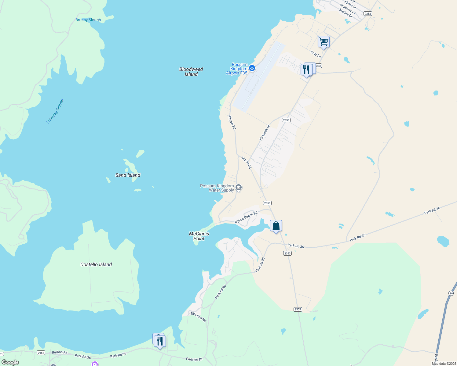 map of restaurants, bars, coffee shops, grocery stores, and more near 1163 Willow Road in Graford