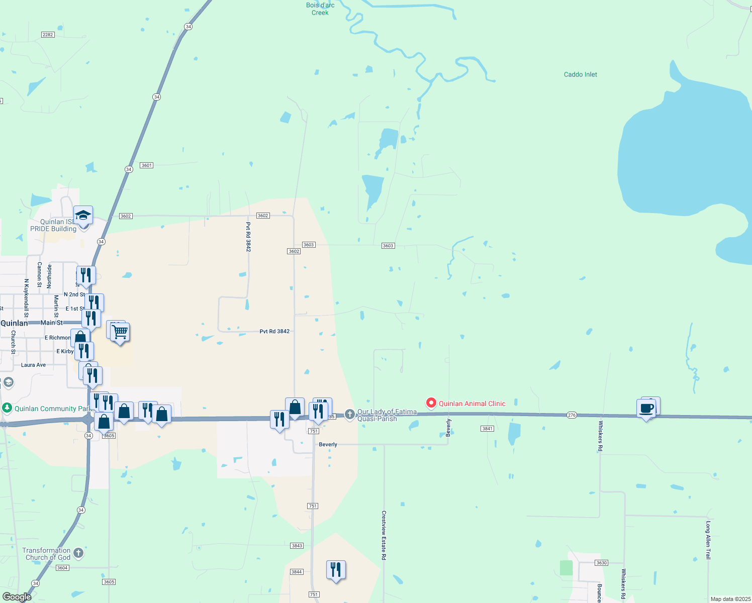 map of restaurants, bars, coffee shops, grocery stores, and more near 742 Countess Road in Quinlan