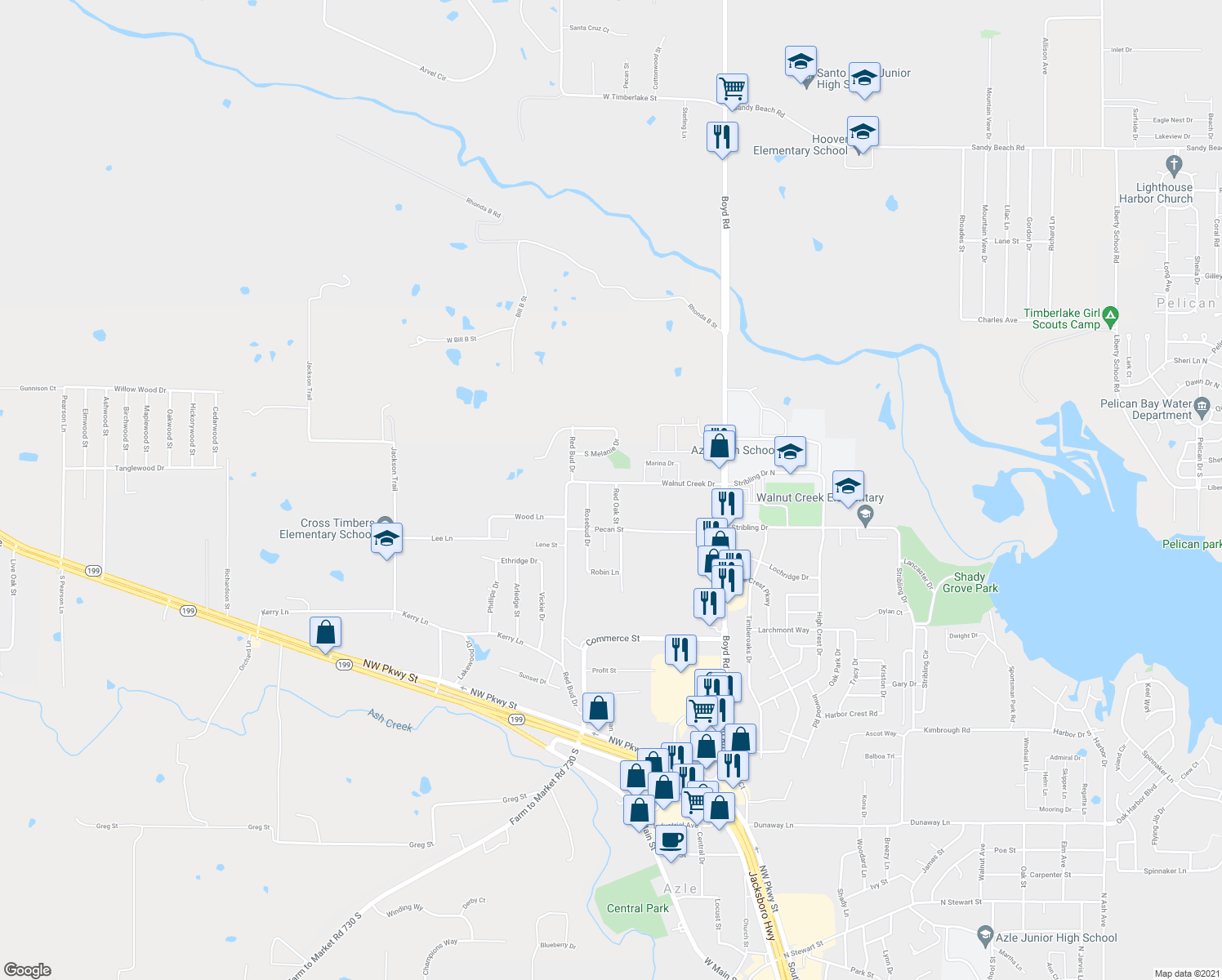 map of restaurants, bars, coffee shops, grocery stores, and more near 501 Walnut Creek Drive in Azle