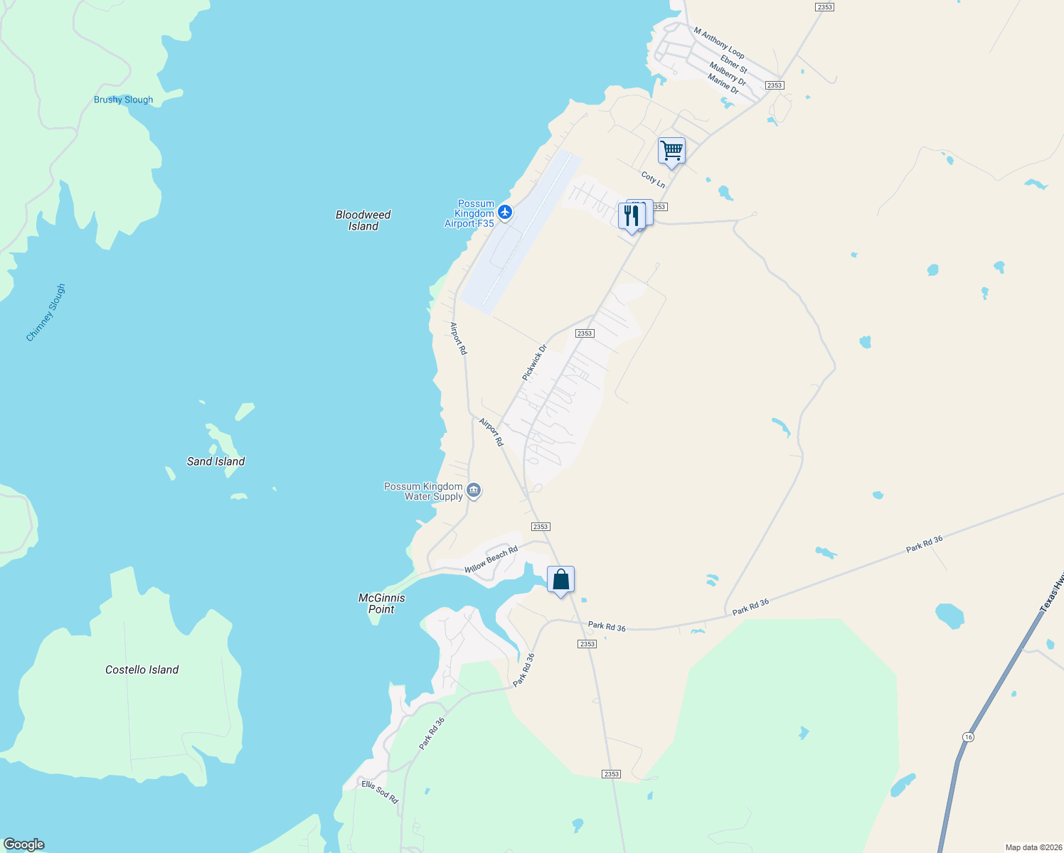 map of restaurants, bars, coffee shops, grocery stores, and more near 328 Farm to Market Road 2353 in Graford