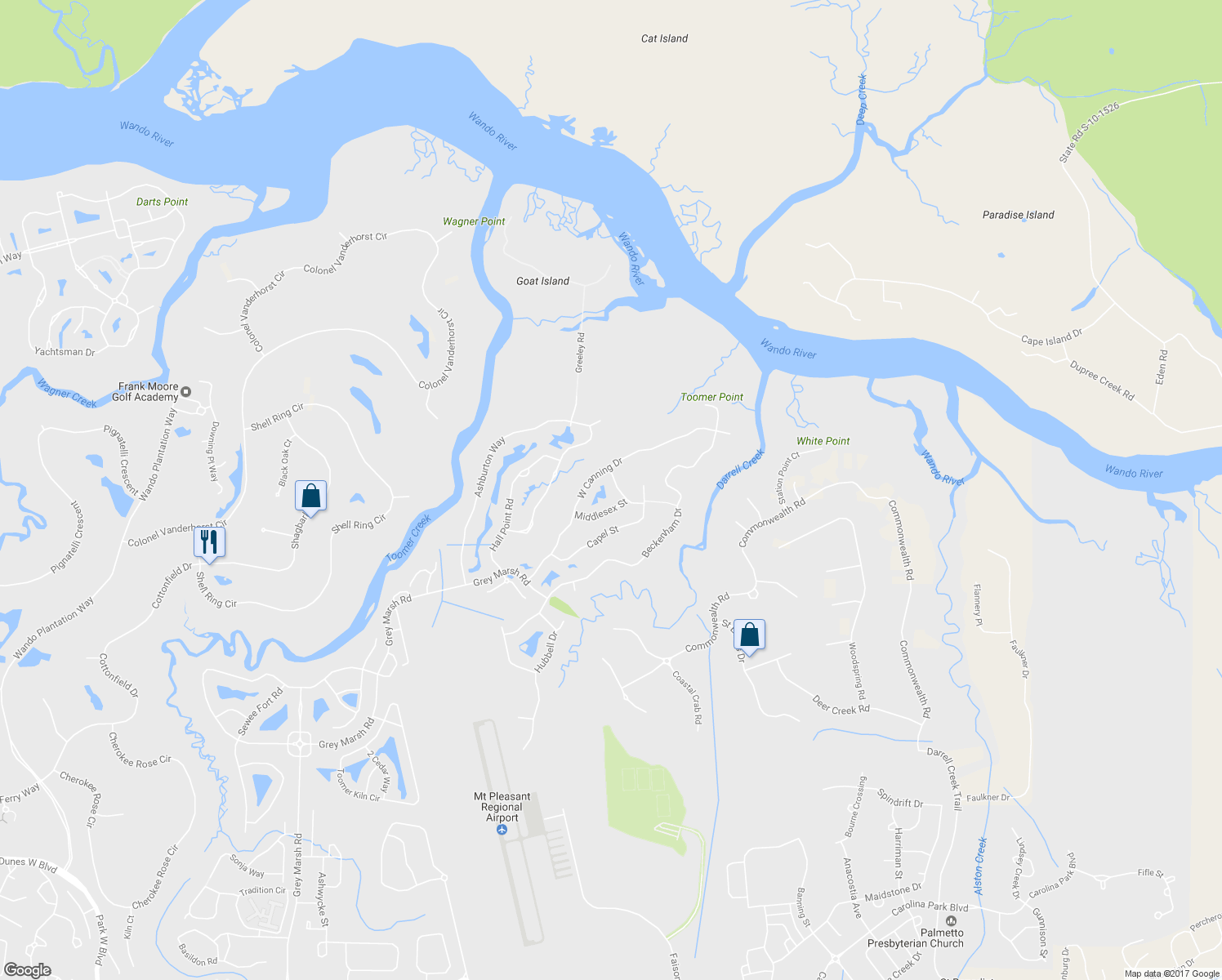 map of restaurants, bars, coffee shops, grocery stores, and more near 2116 Malcolm Road in Mount Pleasant