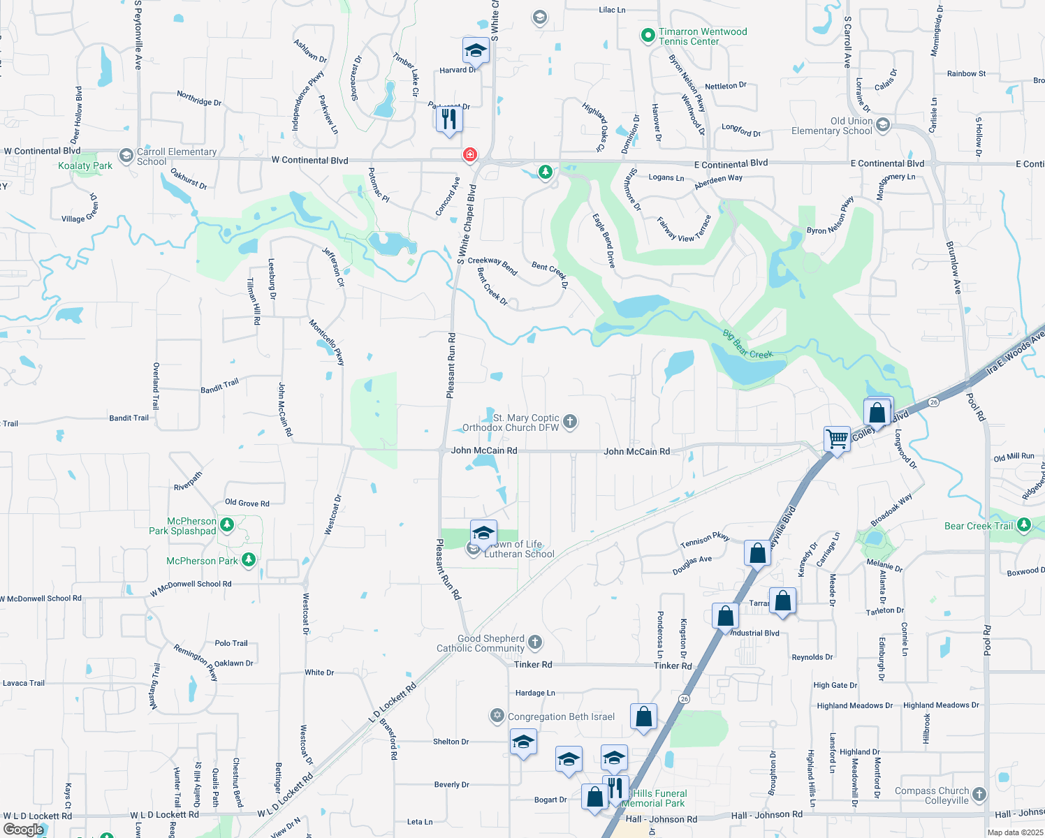 map of restaurants, bars, coffee shops, grocery stores, and more near 7204 Jo Will Street in Colleyville