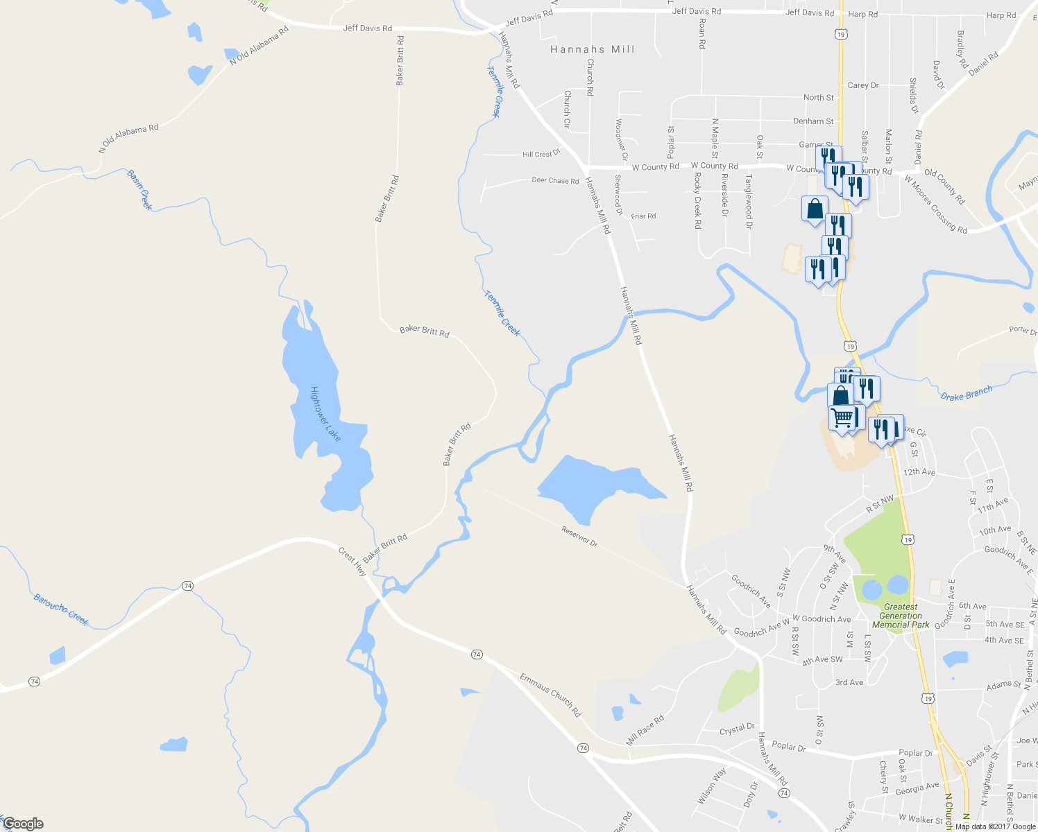 map of restaurants, bars, coffee shops, grocery stores, and more near 420 Baker Britt Road in Thomaston