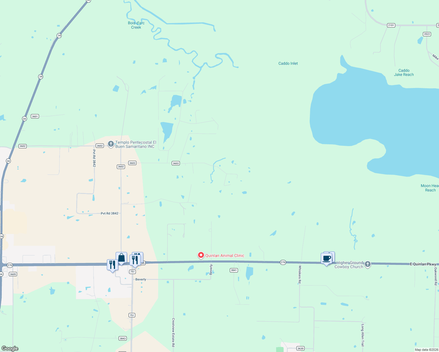 map of restaurants, bars, coffee shops, grocery stores, and more near 1192 Nob Hill Road in Quinlan