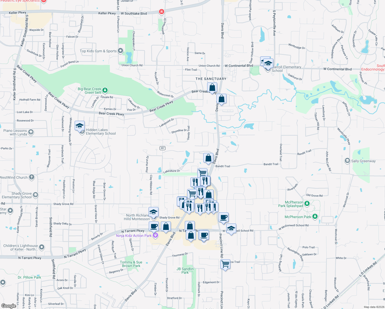 map of restaurants, bars, coffee shops, grocery stores, and more near 1008 Pienza Path in Keller
