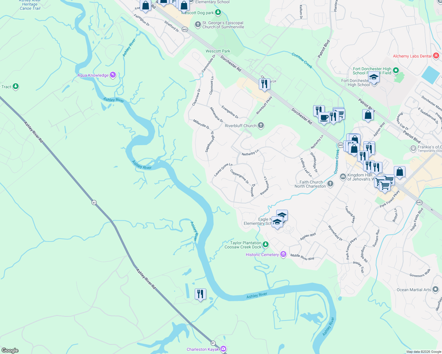 map of restaurants, bars, coffee shops, grocery stores, and more near 8680 Hickory Creek Lane in North Charleston