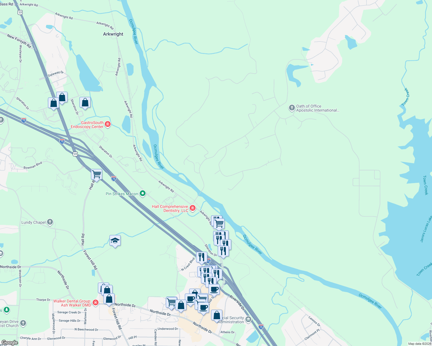 map of restaurants, bars, coffee shops, grocery stores, and more near 310 Plantation Court in Macon