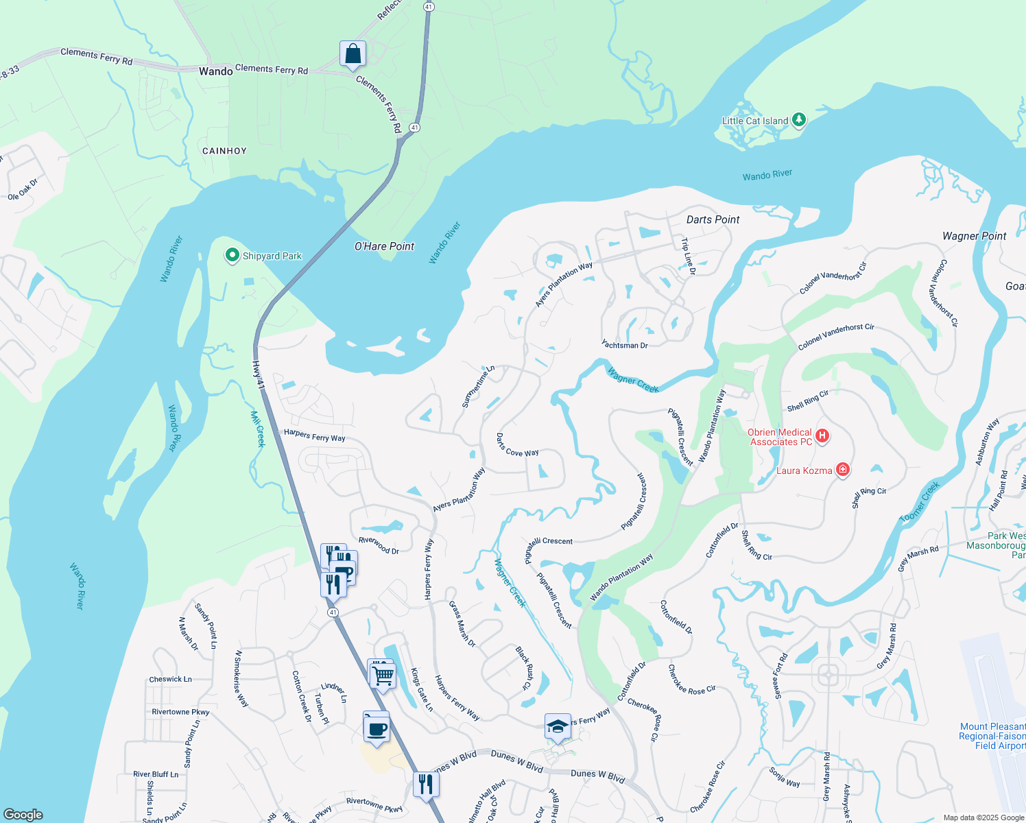 map of restaurants, bars, coffee shops, grocery stores, and more near 2445 Darts Cove Way in Mount Pleasant
