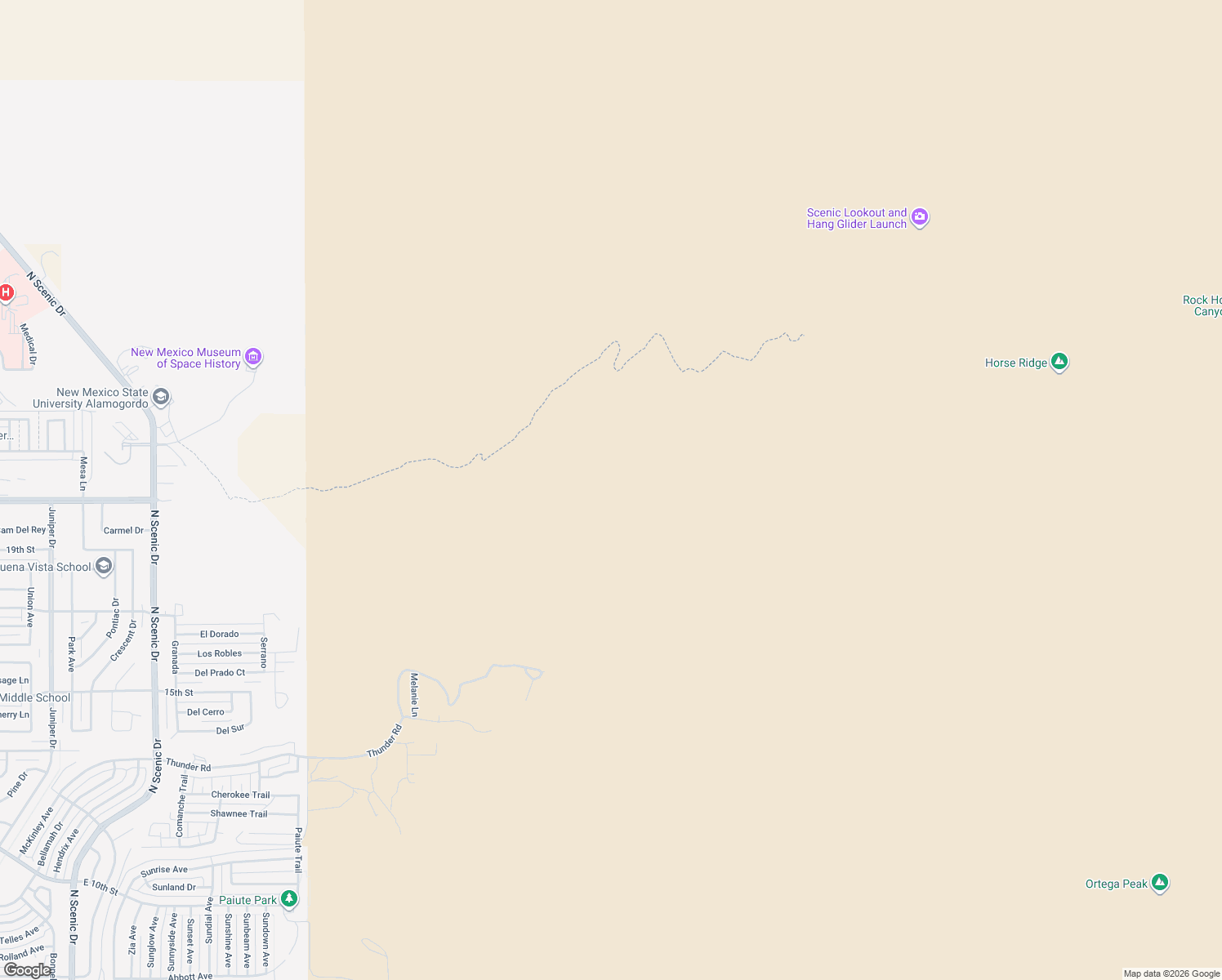 map of restaurants, bars, coffee shops, grocery stores, and more near Indian Wells Canyon Trail in Alamogordo