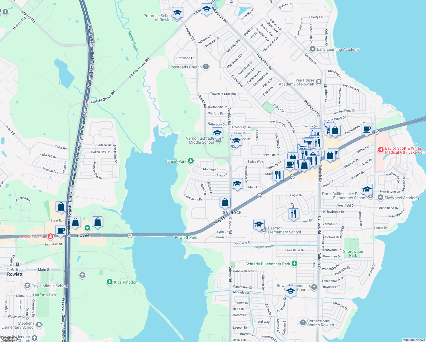 map of restaurants, bars, coffee shops, grocery stores, and more near 7110 Montego Dr in Rowlett