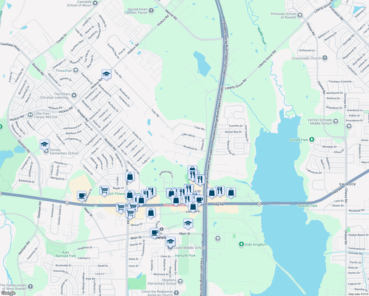 map of restaurants, bars, coffee shops, grocery stores, and more near 4402 Rosebud Drive in Rowlett