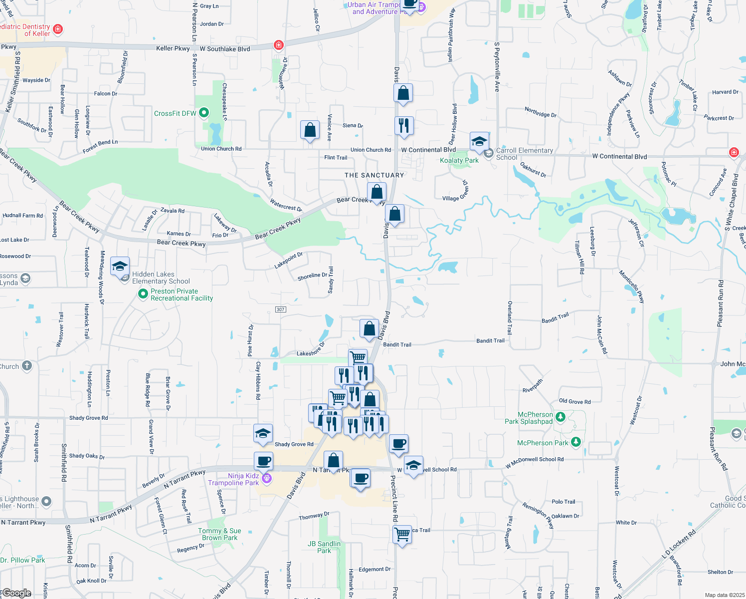 map of restaurants, bars, coffee shops, grocery stores, and more near 933 Nottingham Road in Keller