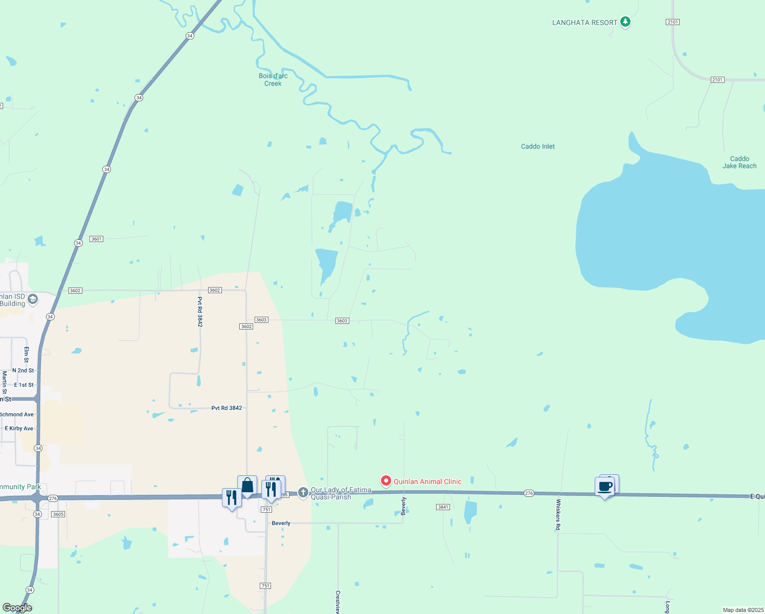 map of restaurants, bars, coffee shops, grocery stores, and more near 834 Nob Hill Road in Quinlan